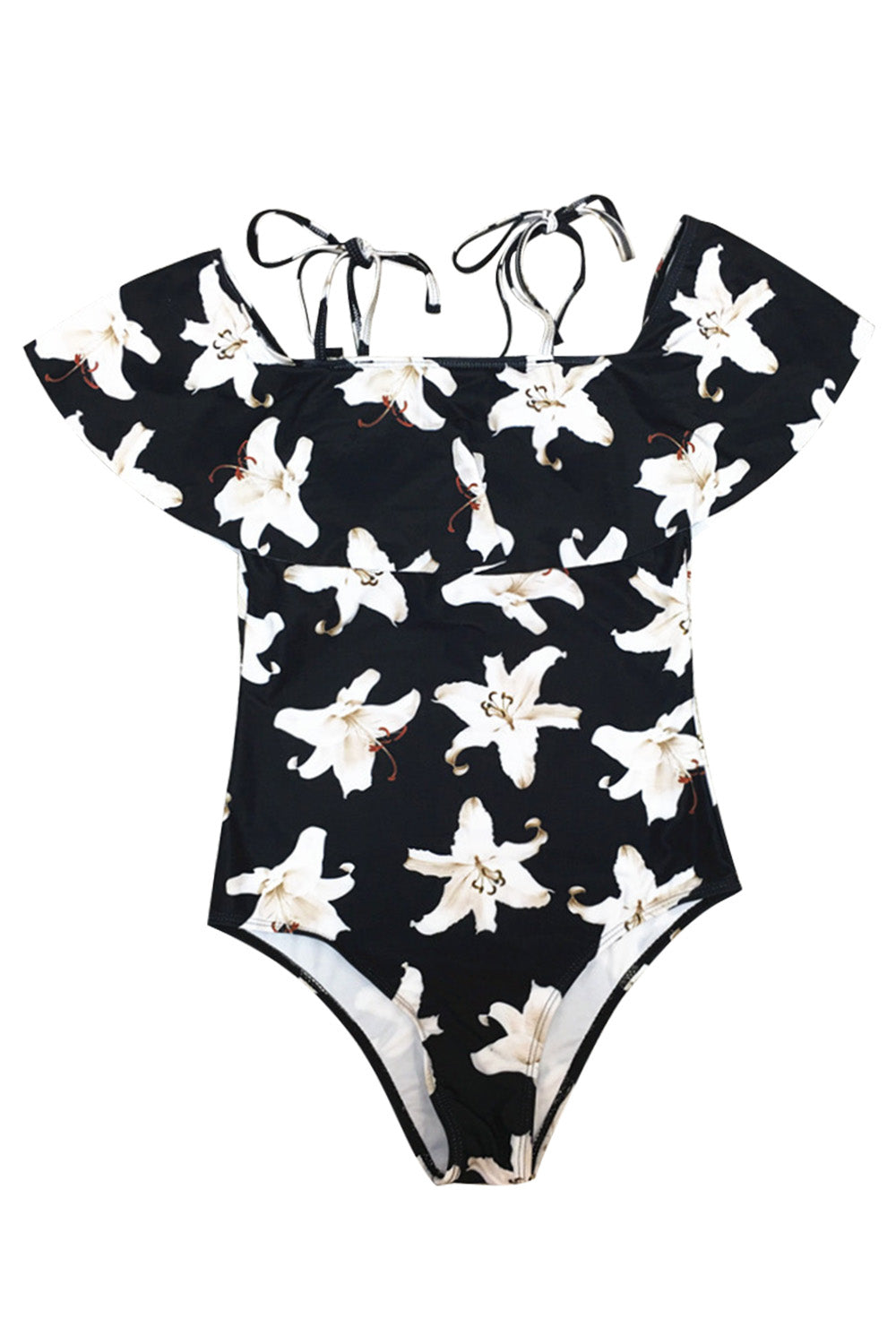 Iyasson Black Floral Print Falbala One-piece Swimsuit