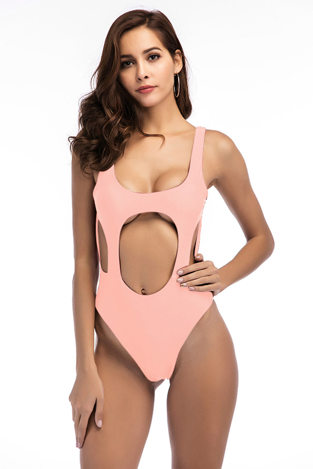 Iyasson Sexy Solid Color Hollow Front and Side One-piece Swimsuit