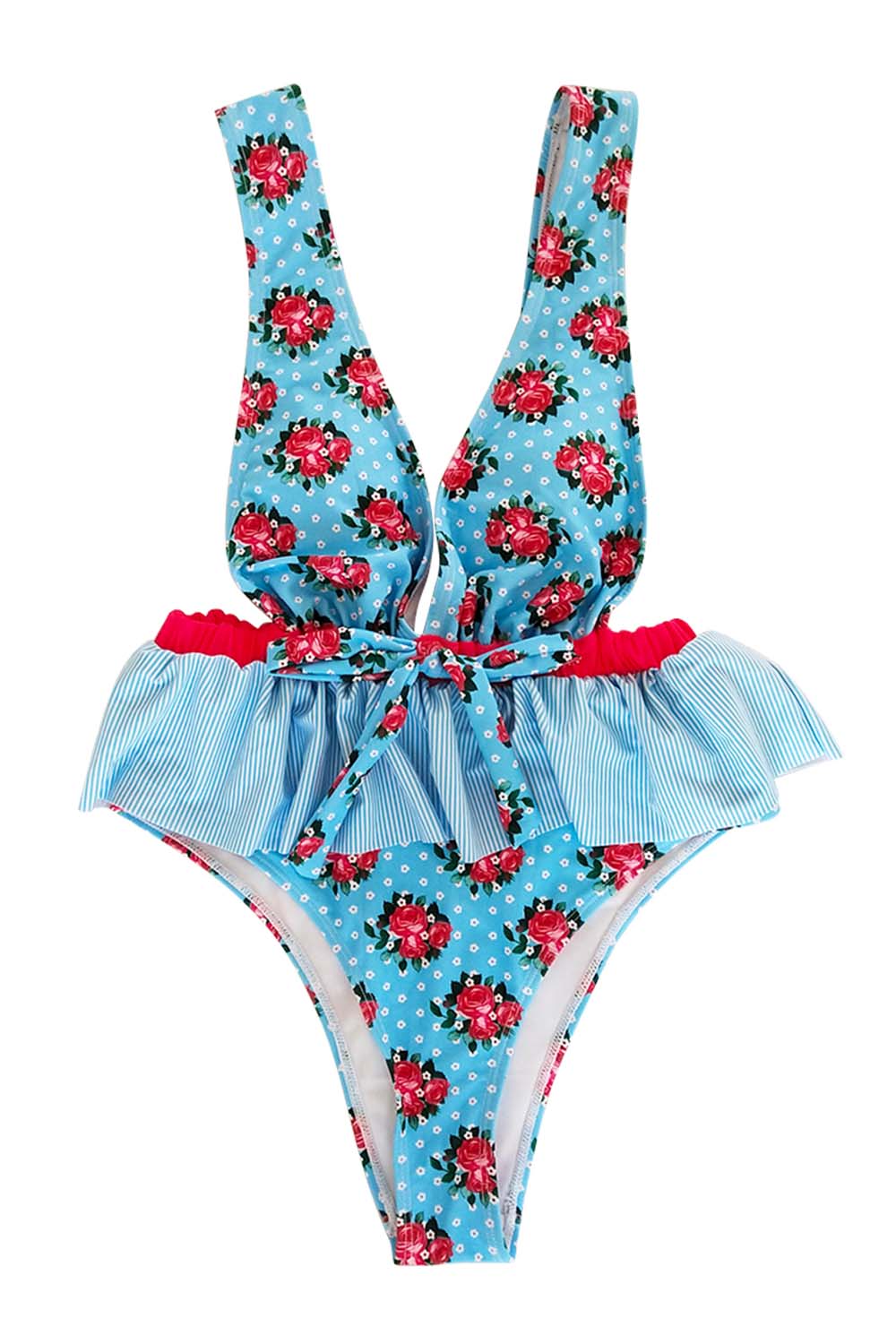 Iyasson Deep V-neck Falbala Floral One-piece Swimsuit