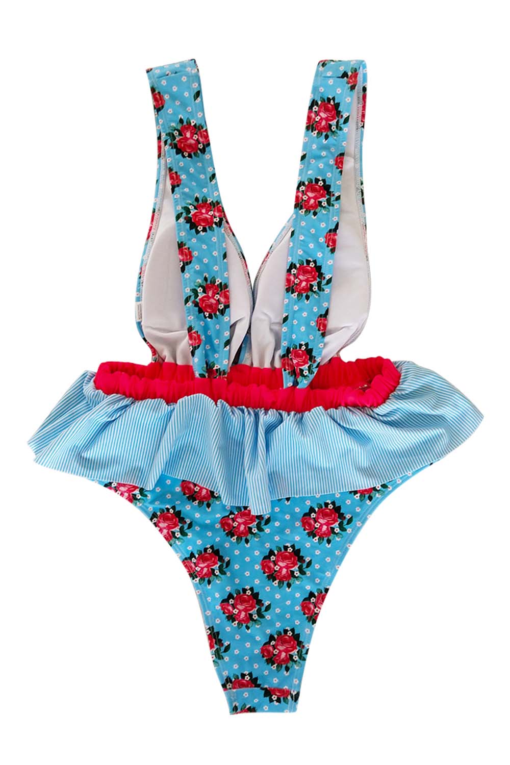 Iyasson Deep V-neck Falbala Floral One-piece Swimsuit