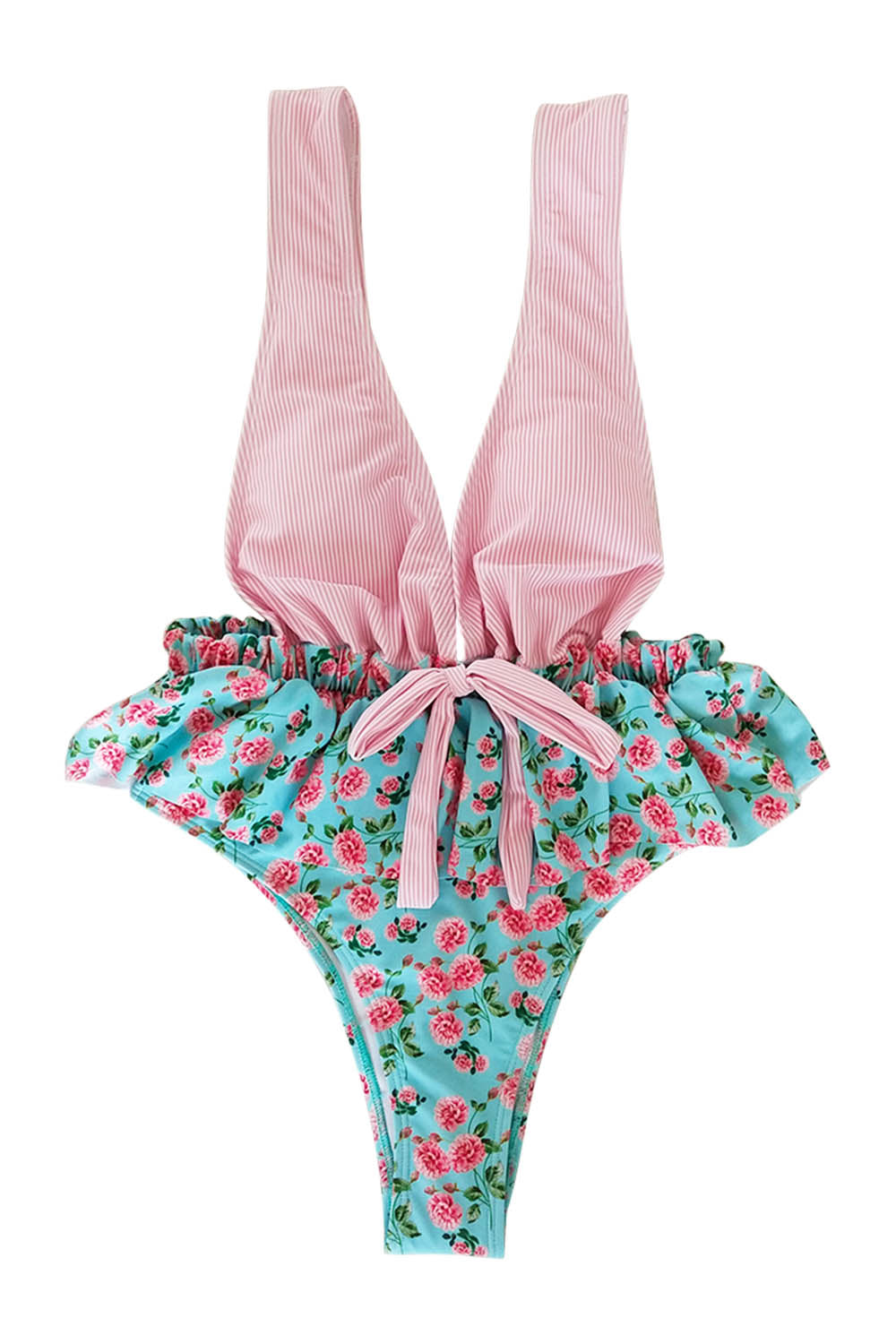 Iyasson Deep V-neck Falbala Floral One-piece Swimsuit