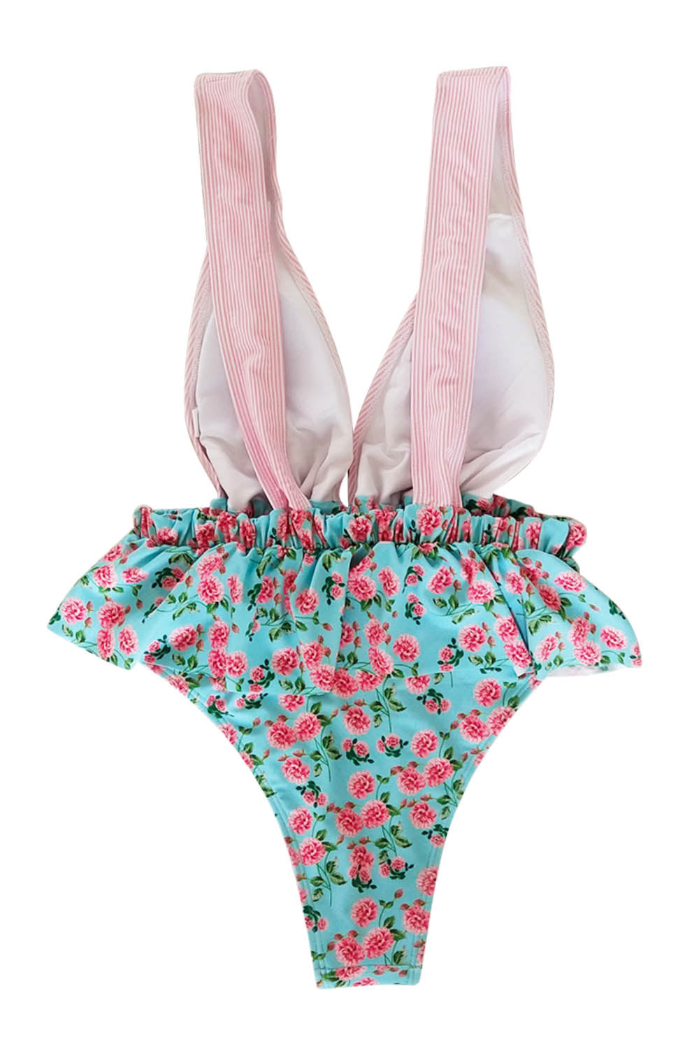 Iyasson Deep V-neck Falbala Floral One-piece Swimsuit