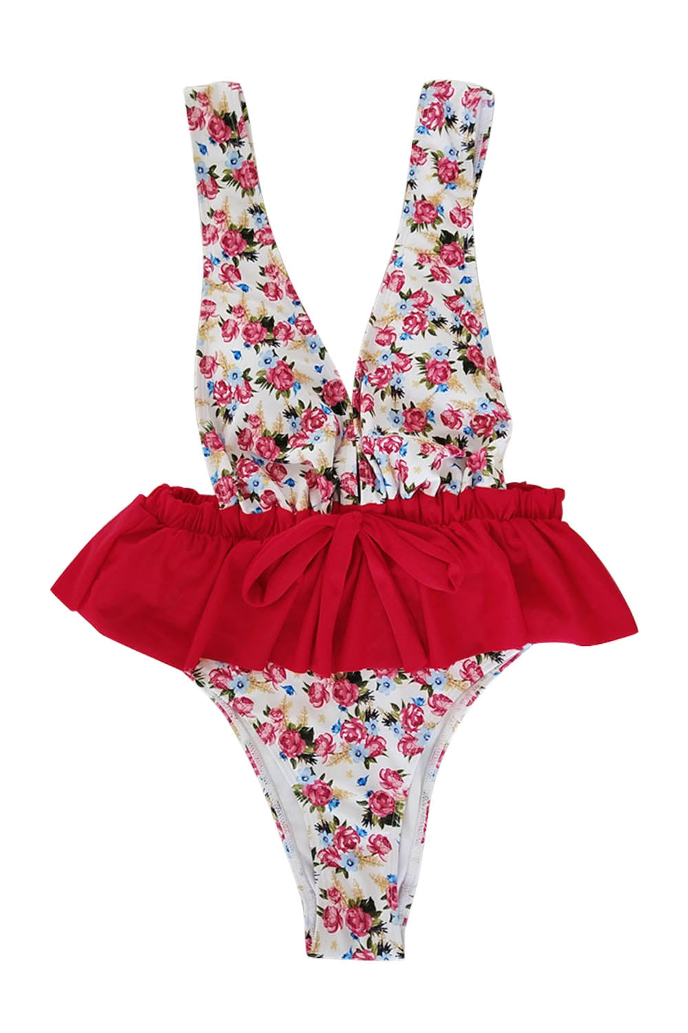 Iyasson Deep V-neck Falbala Floral One-piece Swimsuit