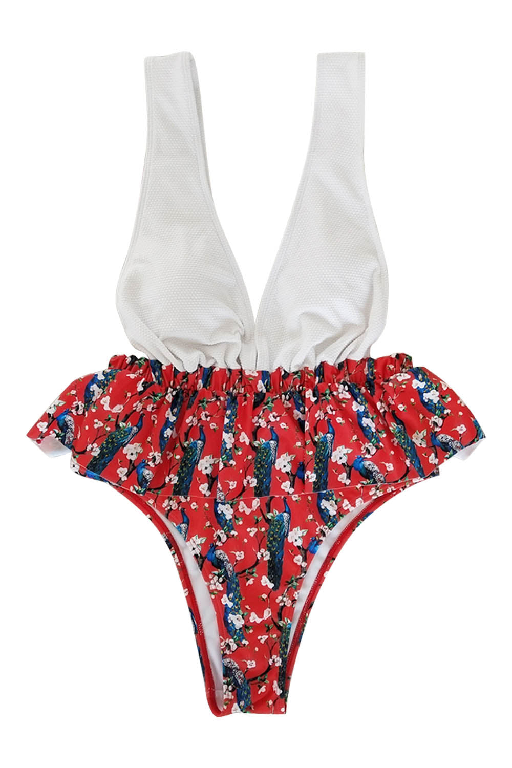 Iyasson Deep V-neck Falbala Floral One-piece Swimsuit