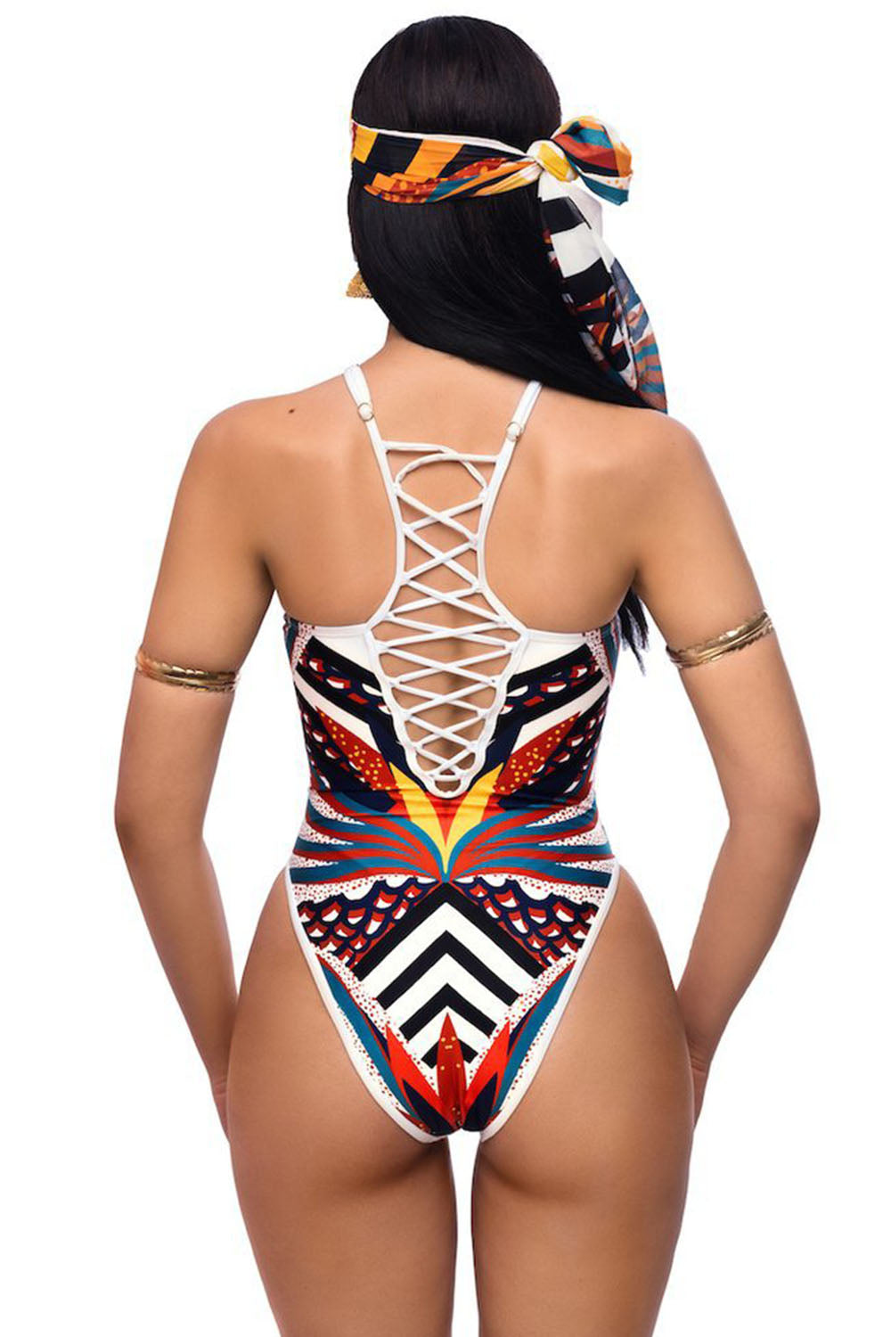 Iyasson Ethnic Floral Print Lace Up One-piece Swimsuit