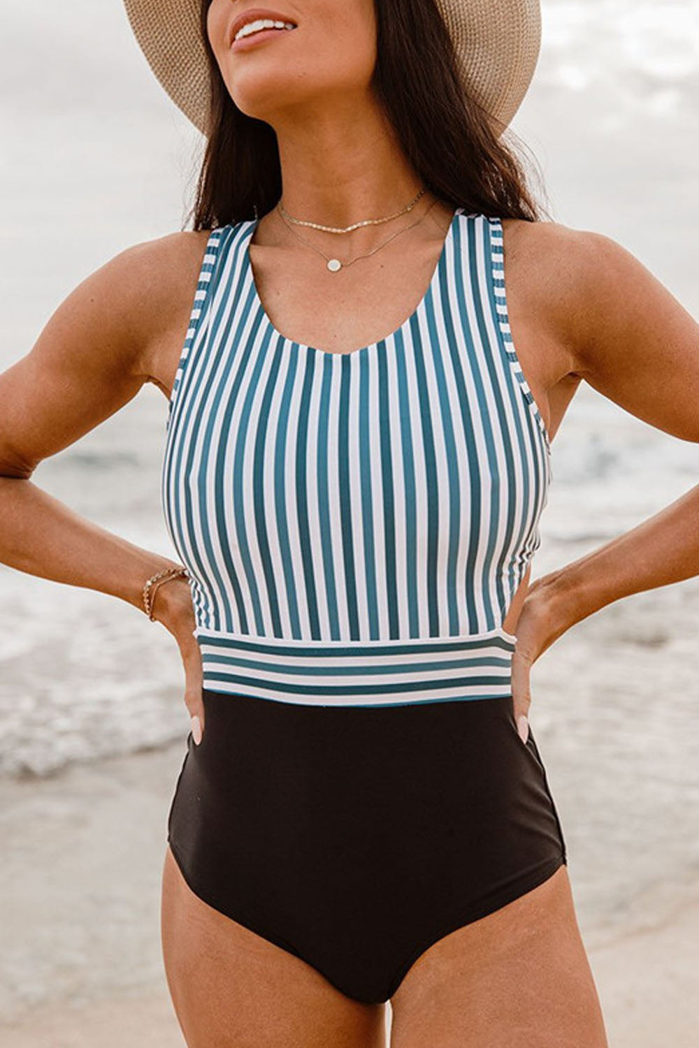 Iyasson Womens Sexy Plaid Striped Print O Neck Zipper Tie One-piece Swimsuit