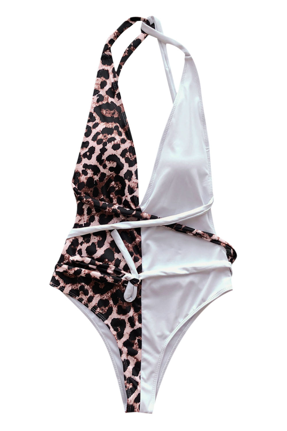 Iyasson Sexy Deep V-neck Strappy Backless Leopard Stitching Swimsuit