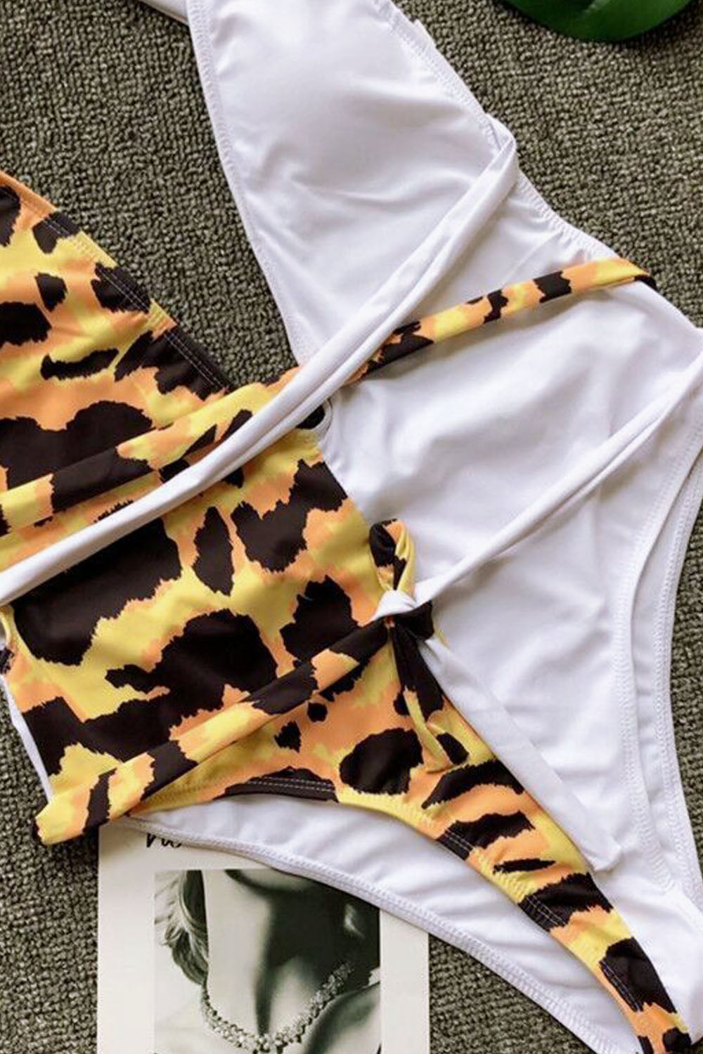 Iyasson Sexy Deep V-neck Strappy Backless Leopard Stitching Swimsuit