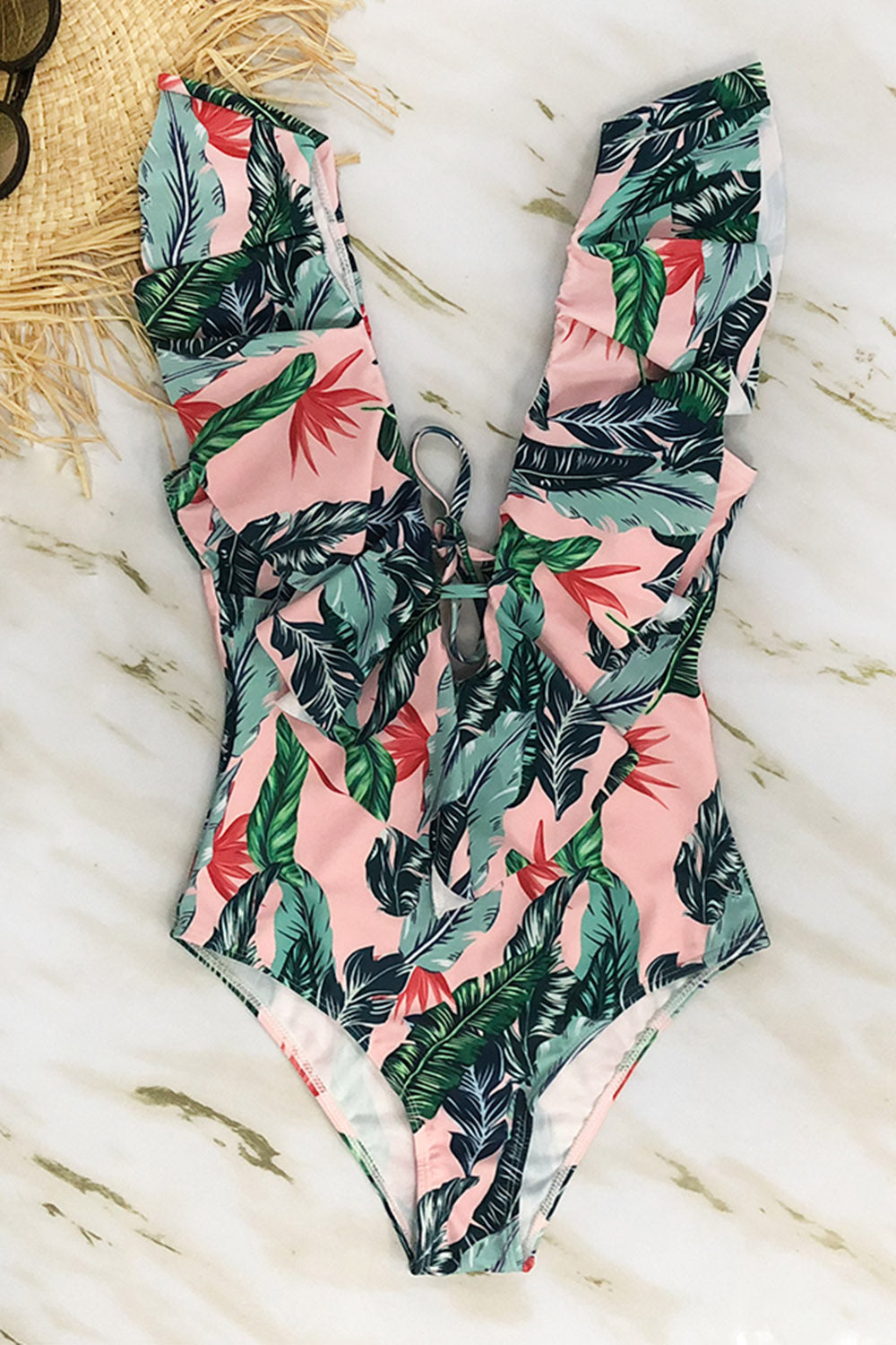 Iyasson Womens Sexy Deep V Neck Tie Ruffle Trim Swimsuit