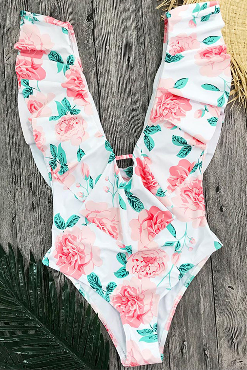 Iyasson Womens Sexy Deep V Neck Tie Ruffle Trim Swimsuit