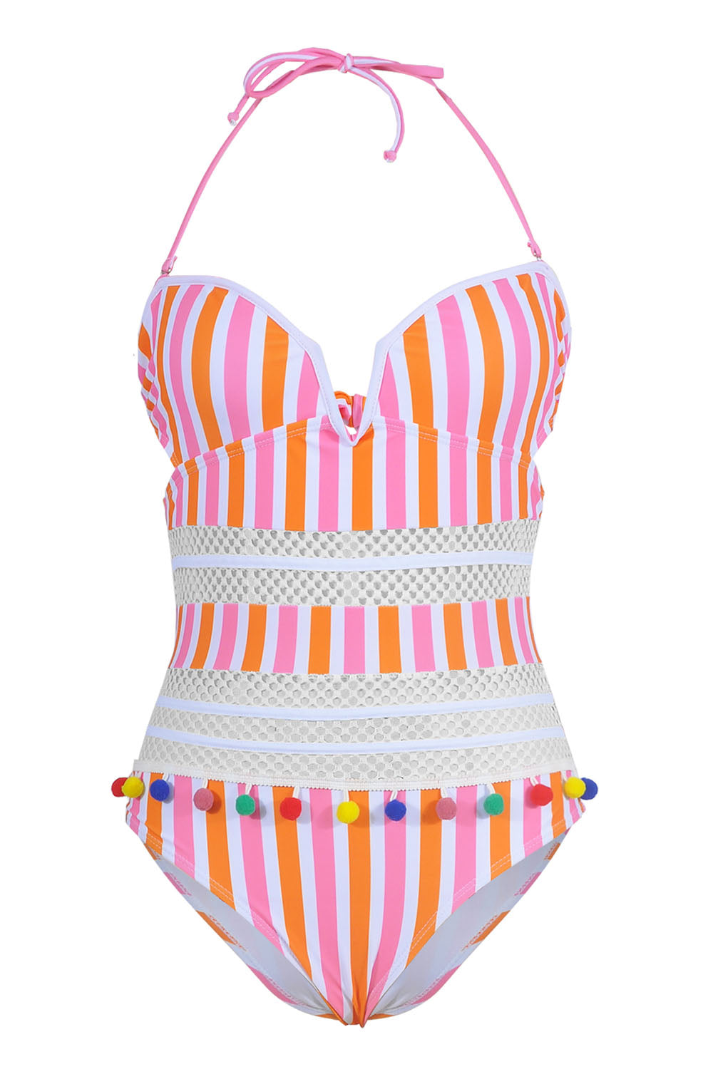 Iyasson Women's Sexy Deep V-Neck Mesh Stitching Tassel Halter Swimsuit