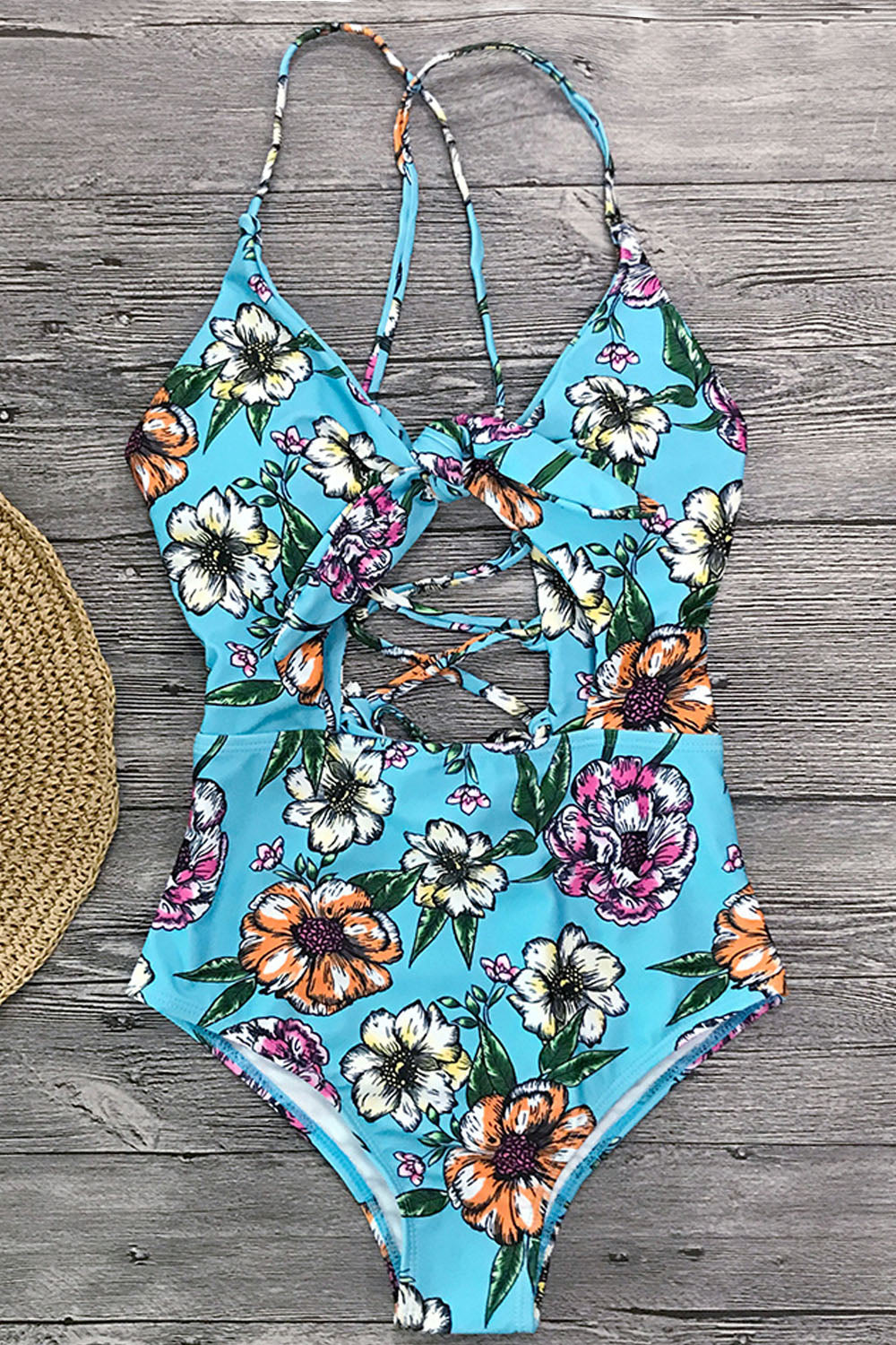 Iyasson Women's Sexy Floral Print Knotted Hollow One-piece Swimsuit