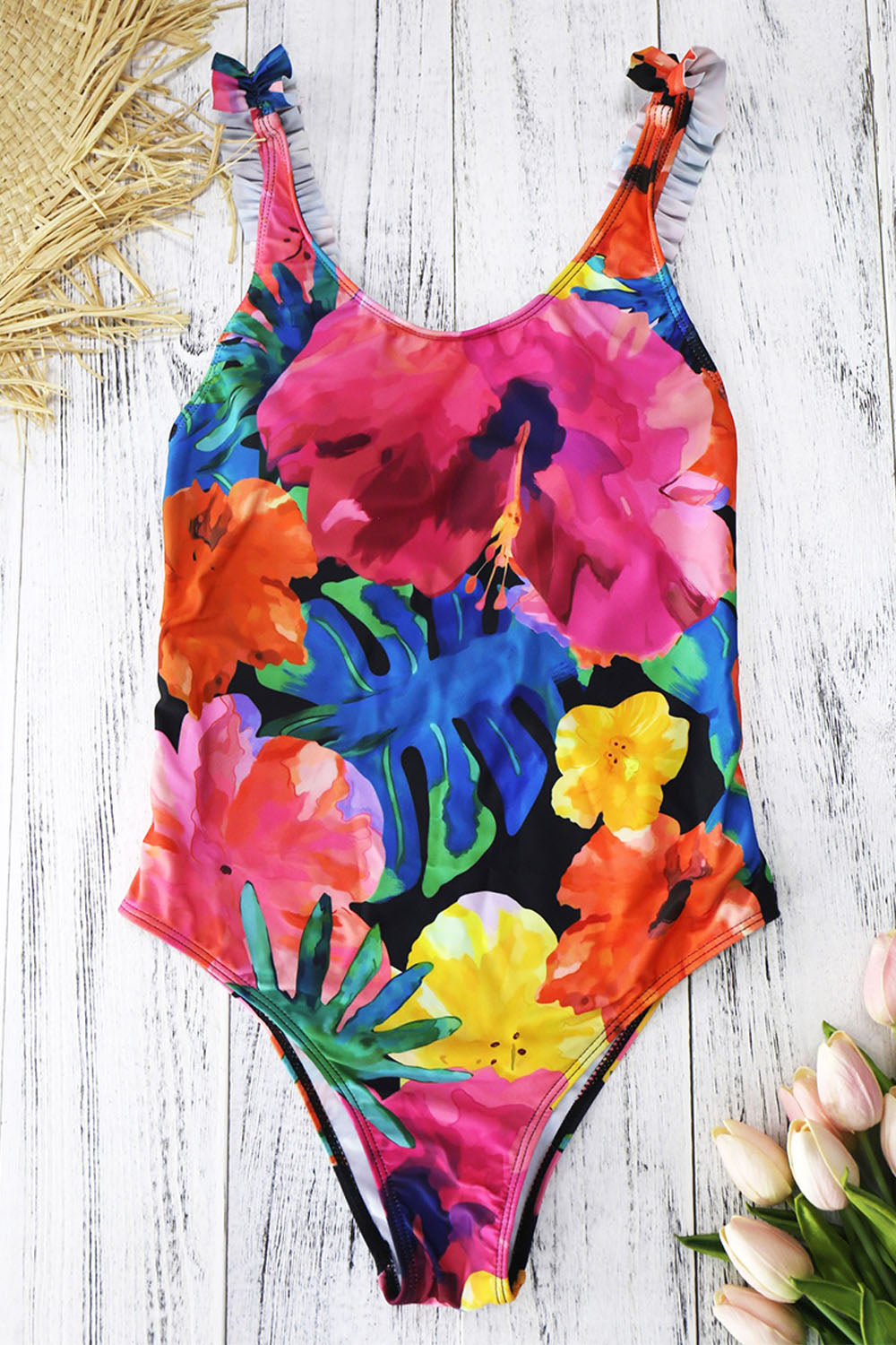 Iyasson Women's Sexy Floral Print Ruffle Trim One-piece Swimsuit