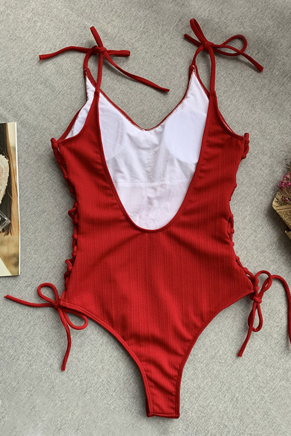 Iyasson Women's Sexy Ribbed Deep V Braided Ties Spaghetti Strap Swimsuit