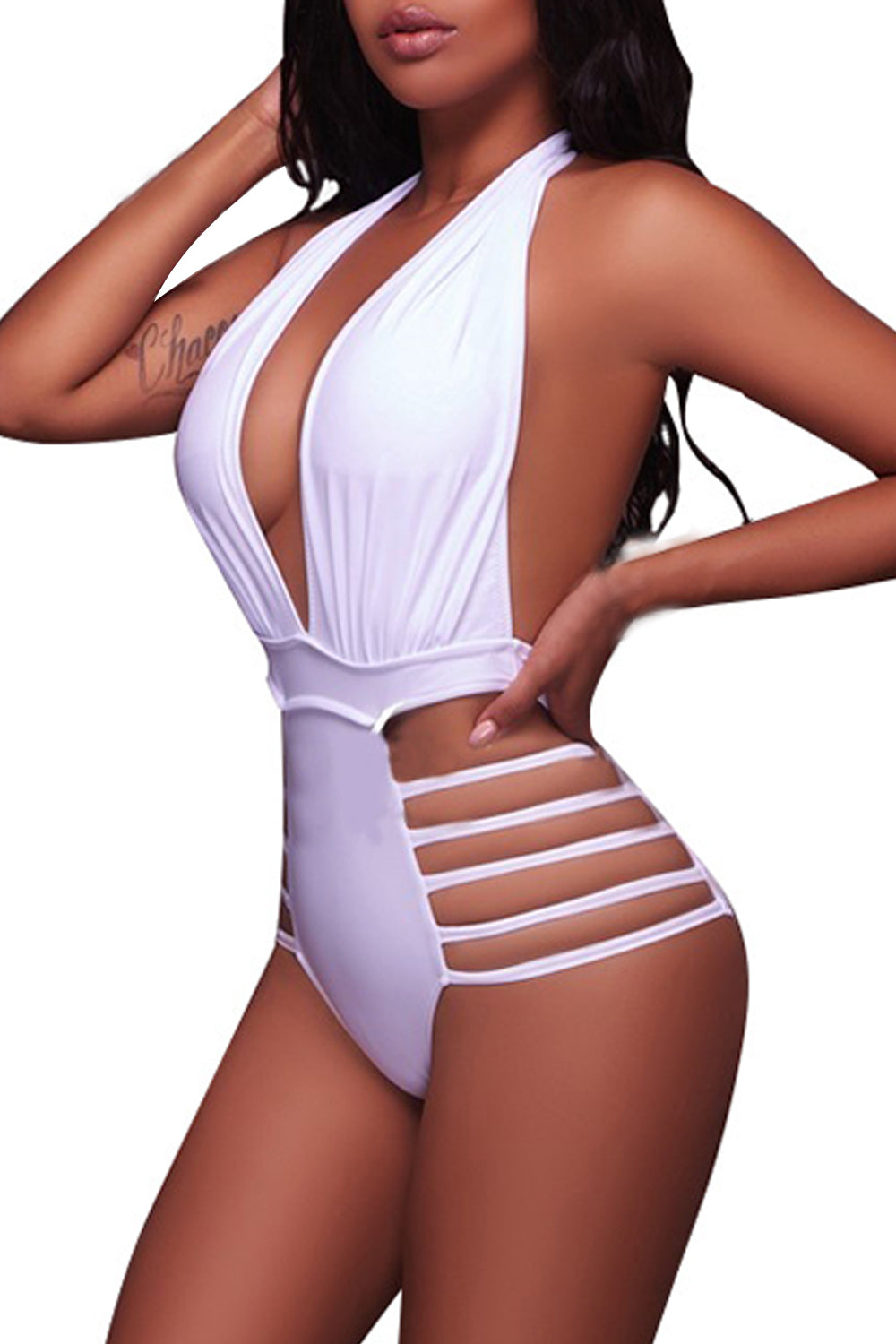 Iyasson Solid Color Deep V-neck Strappy One-piece Swimsuit