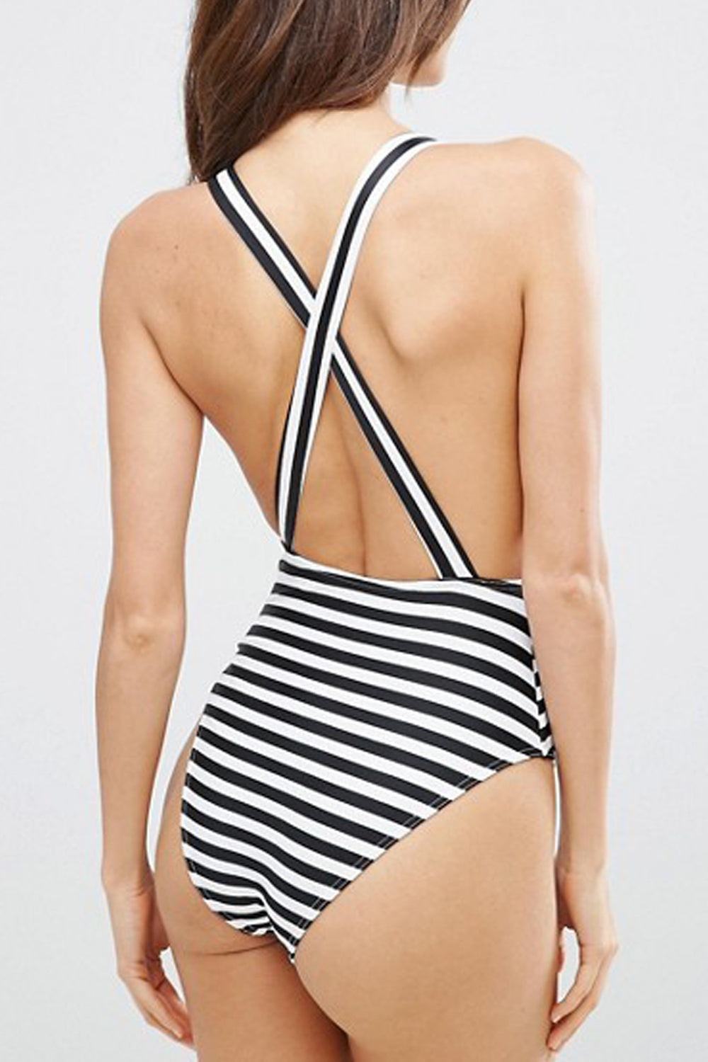 Iyasson Stripe Printing Cross Design One-piece Swimsuit