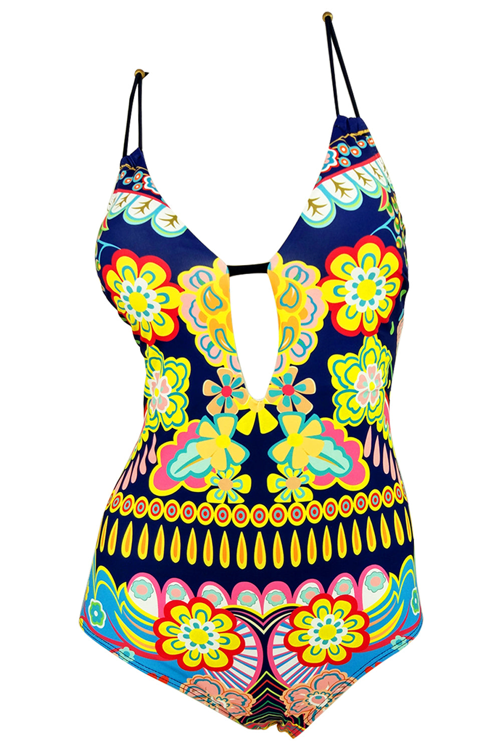 Iyasson Colourful Floral Printing Cross Back Halter One-piece Swimsuit