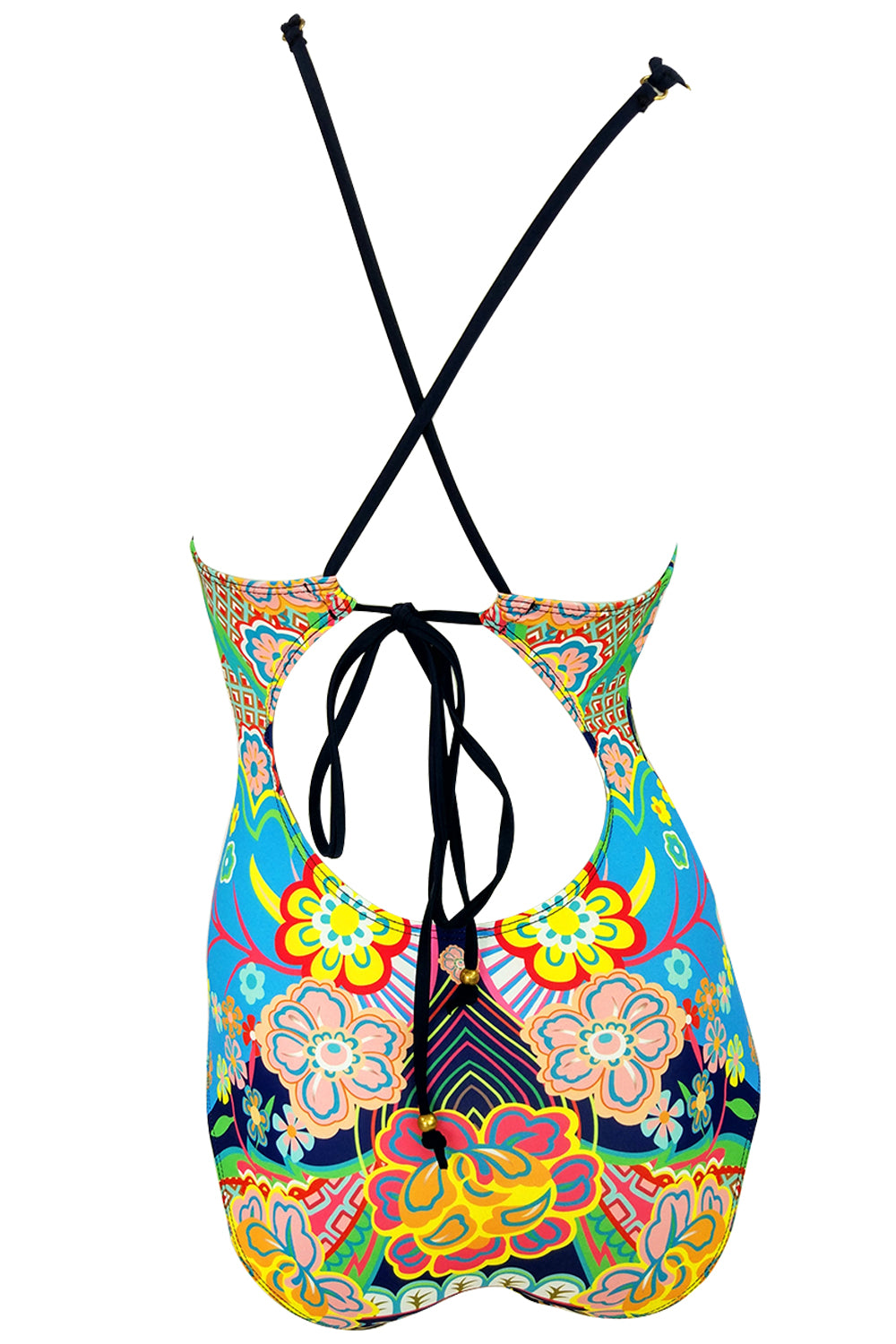 Iyasson Colourful Floral Printing Cross Back Halter One-piece Swimsuit