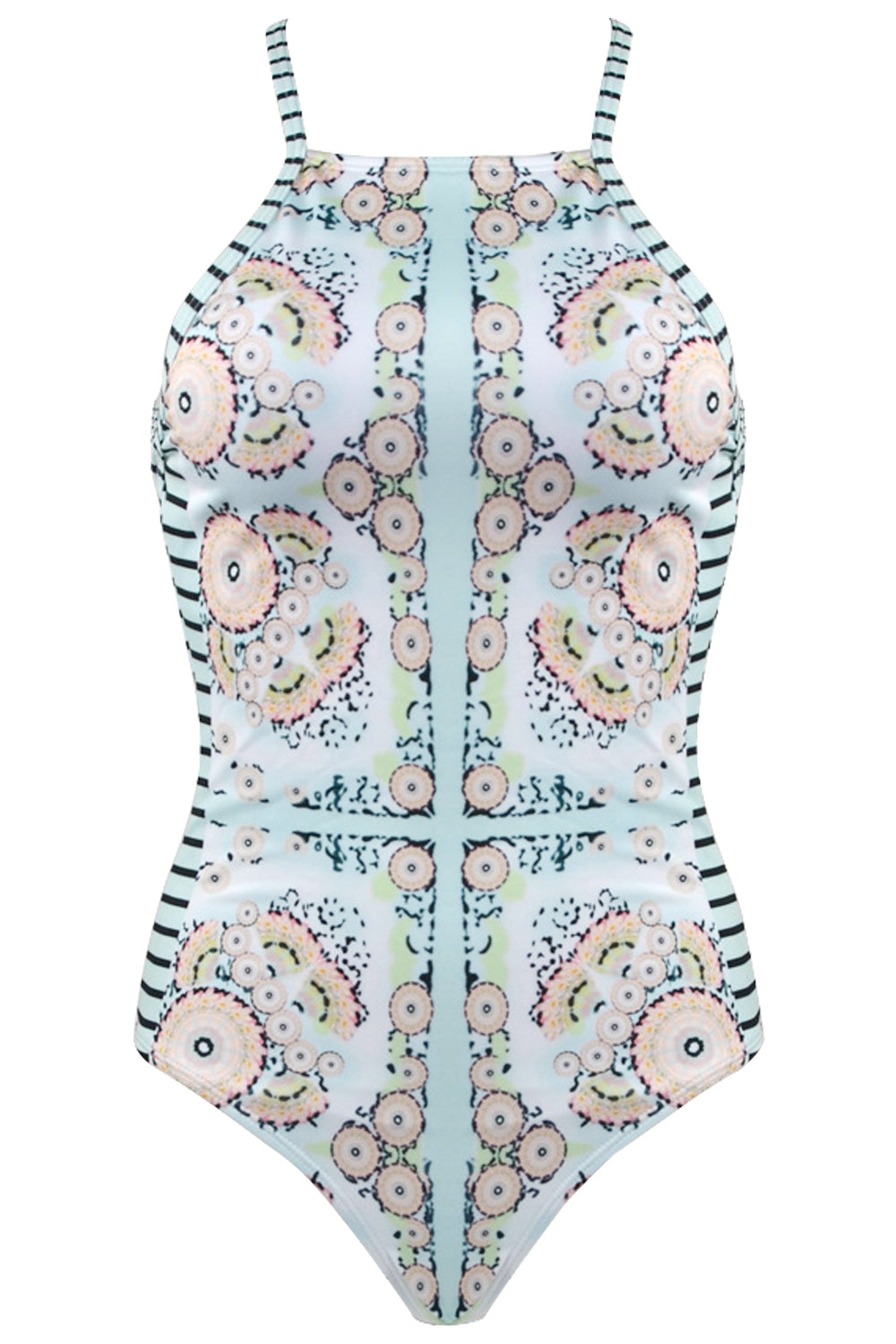 Iyasson Floral Print And Stripe Design One-piece Swimsuit