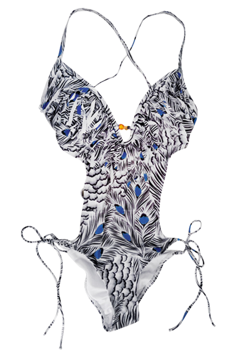 Iyasson Lush Feather printing Tassel Ornament One-piece Swimsuit