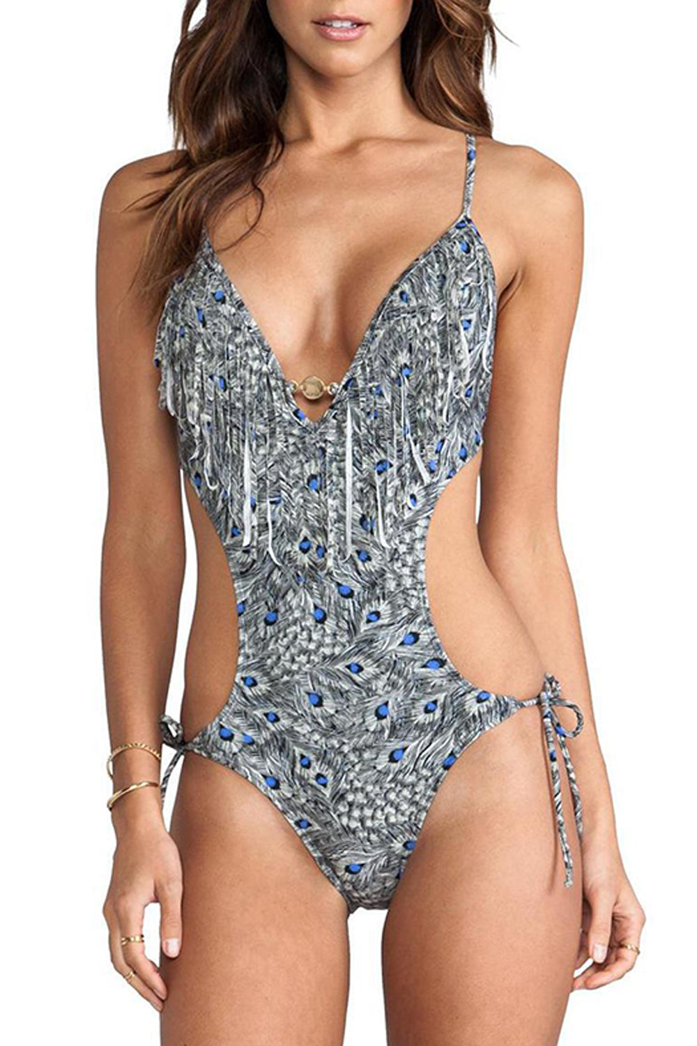 Iyasson Lush Feather printing Tassel Ornament One-piece Swimsuit