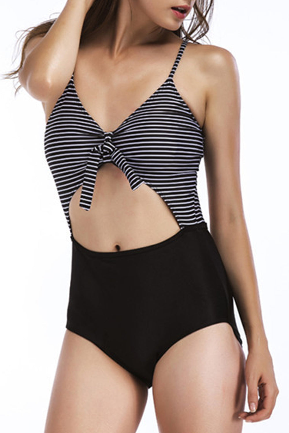 Iyasson Stripe splicing Halter One-piece Swimsuit