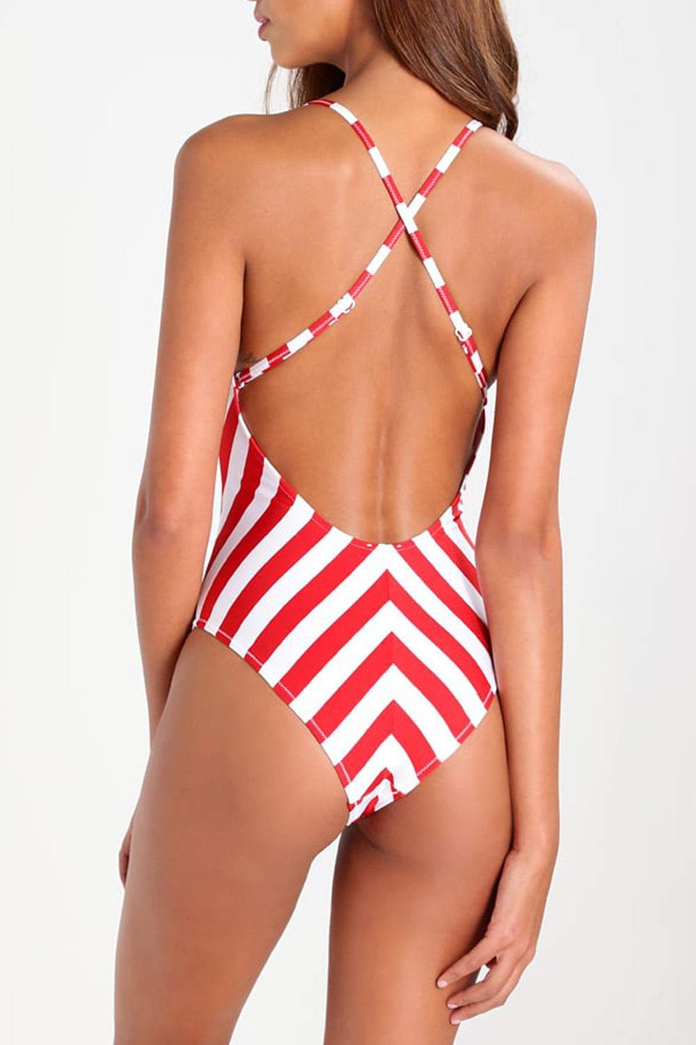 Iyasson Red Stripe Printing Backless One-piece Swimsuit