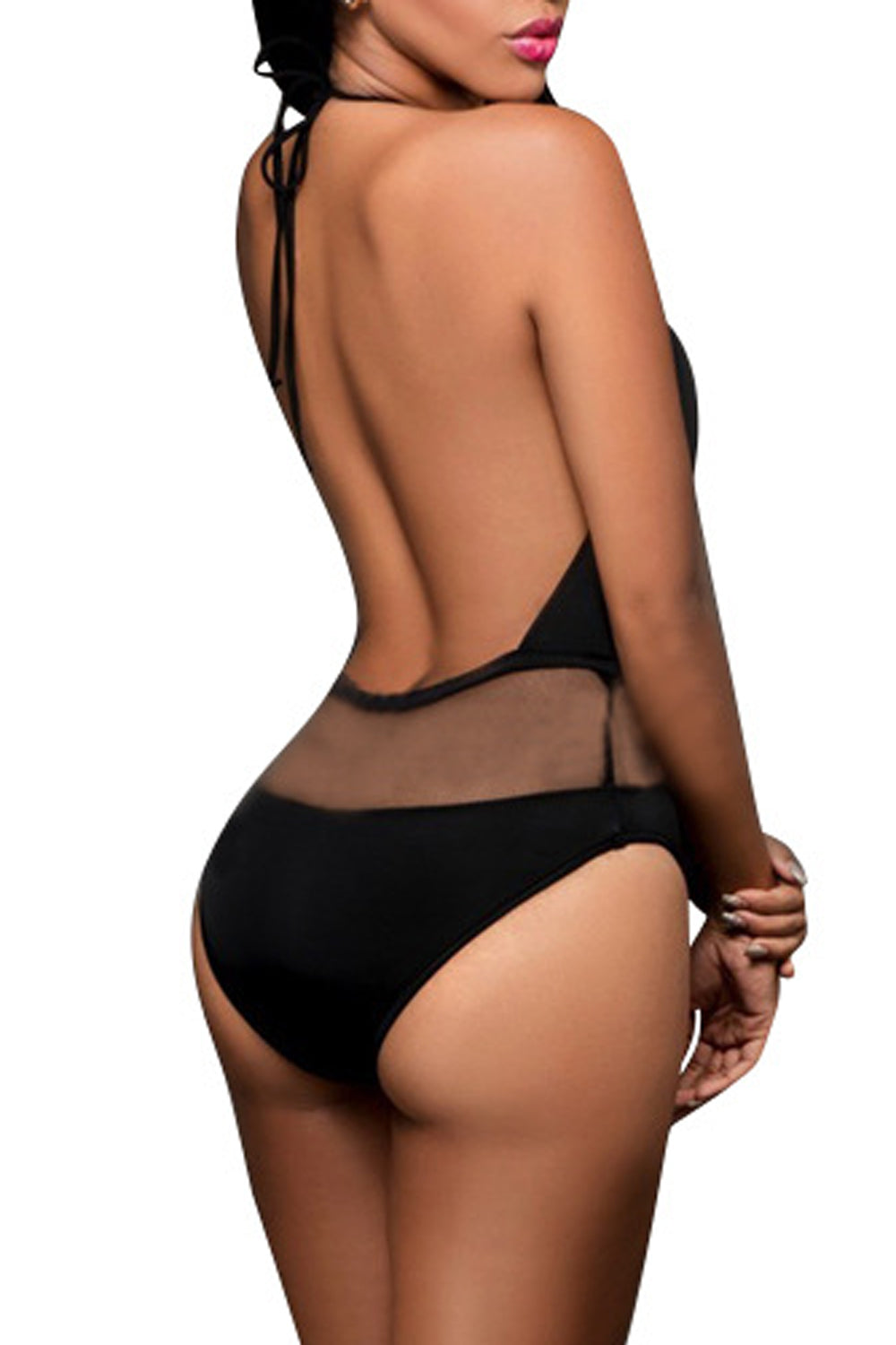 Iyasson Black See Through Deep V-Neck One-piece Swimsuit