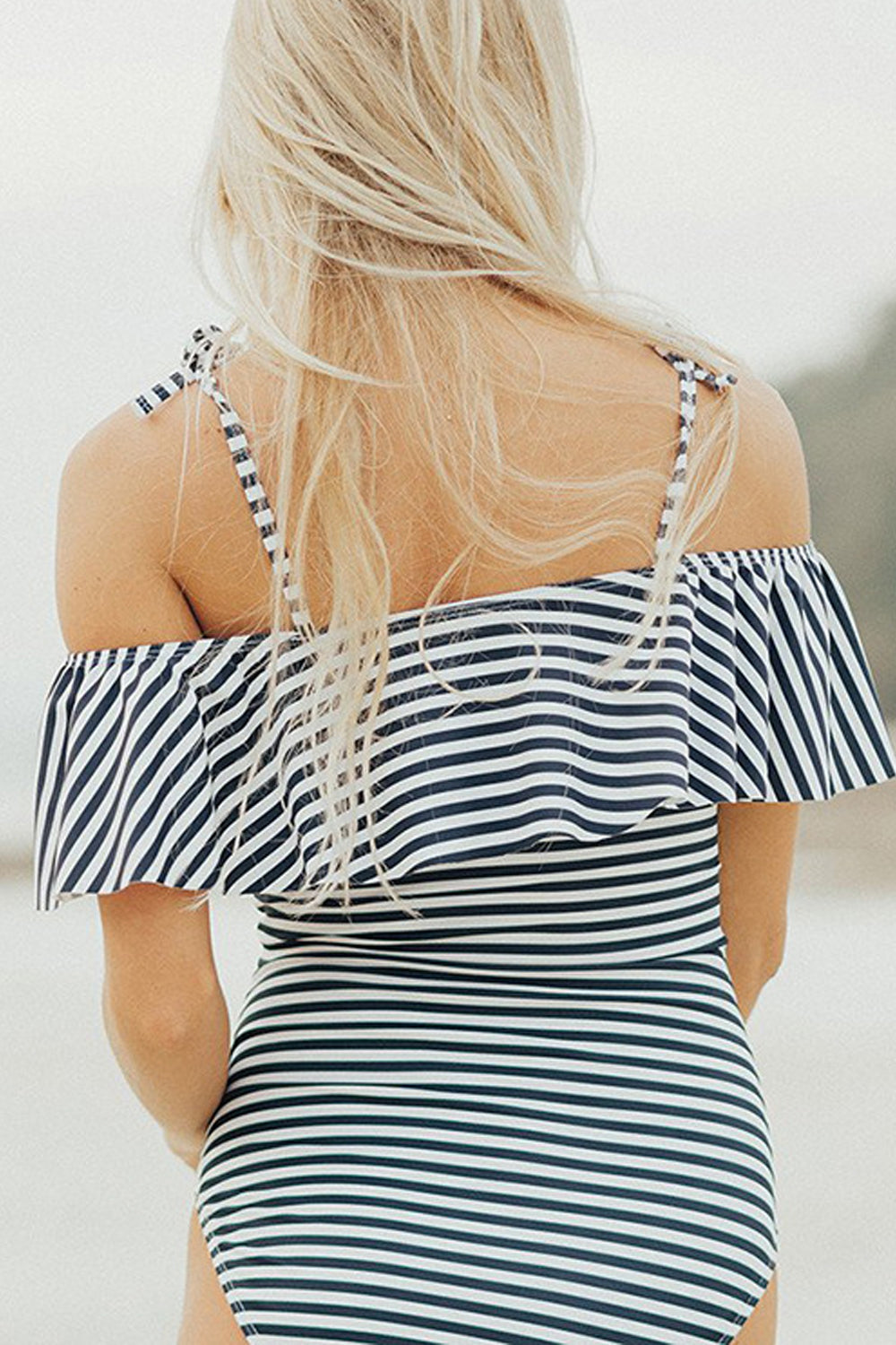 Iyasson Stripe Printing Falbala One-piece Swimsuit