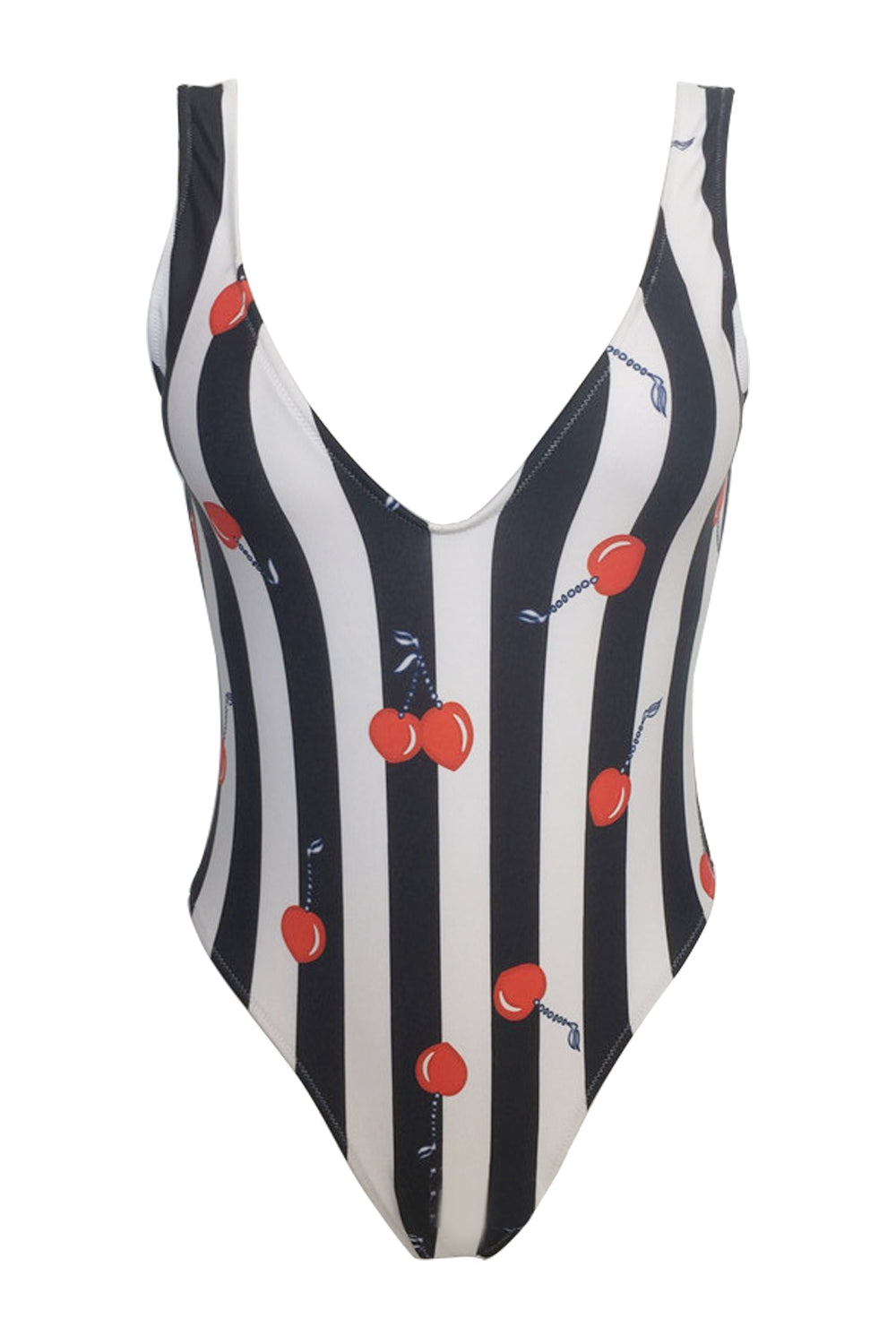 Iyasson Cute Stripe & Cherry Printing Deep V-neck One-piece Swimsuit