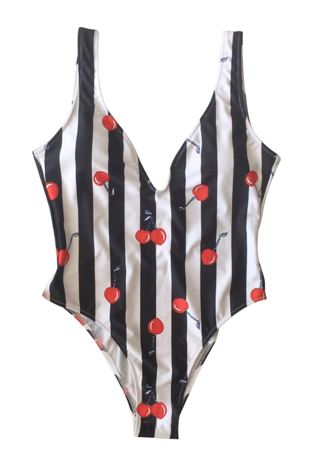 Iyasson Cute Stripe & Cherry Printing Deep V-neck One-piece Swimsuit