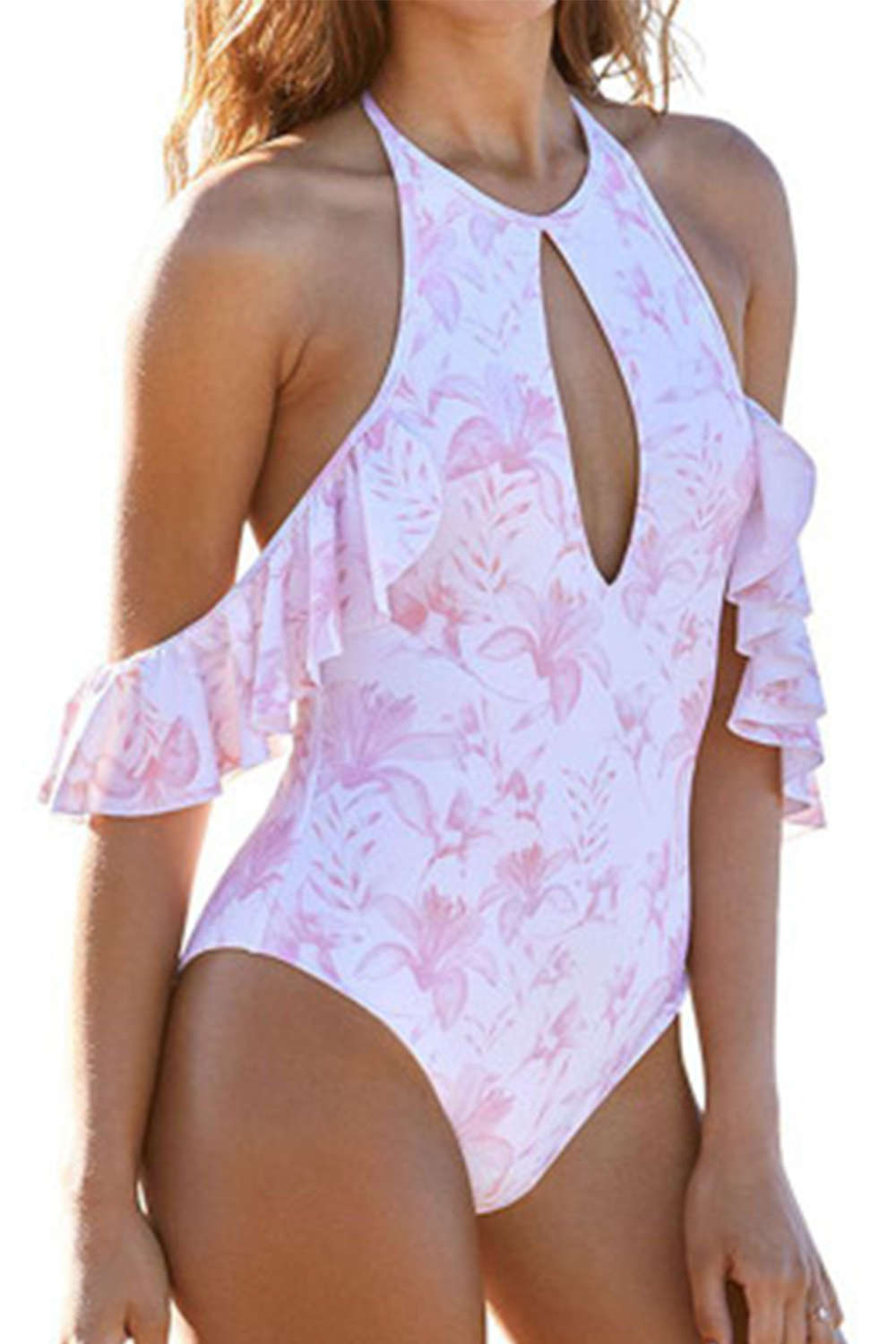 Iyasson Pink Floral Printing High Neckline Falbala One-piece Swimsuit