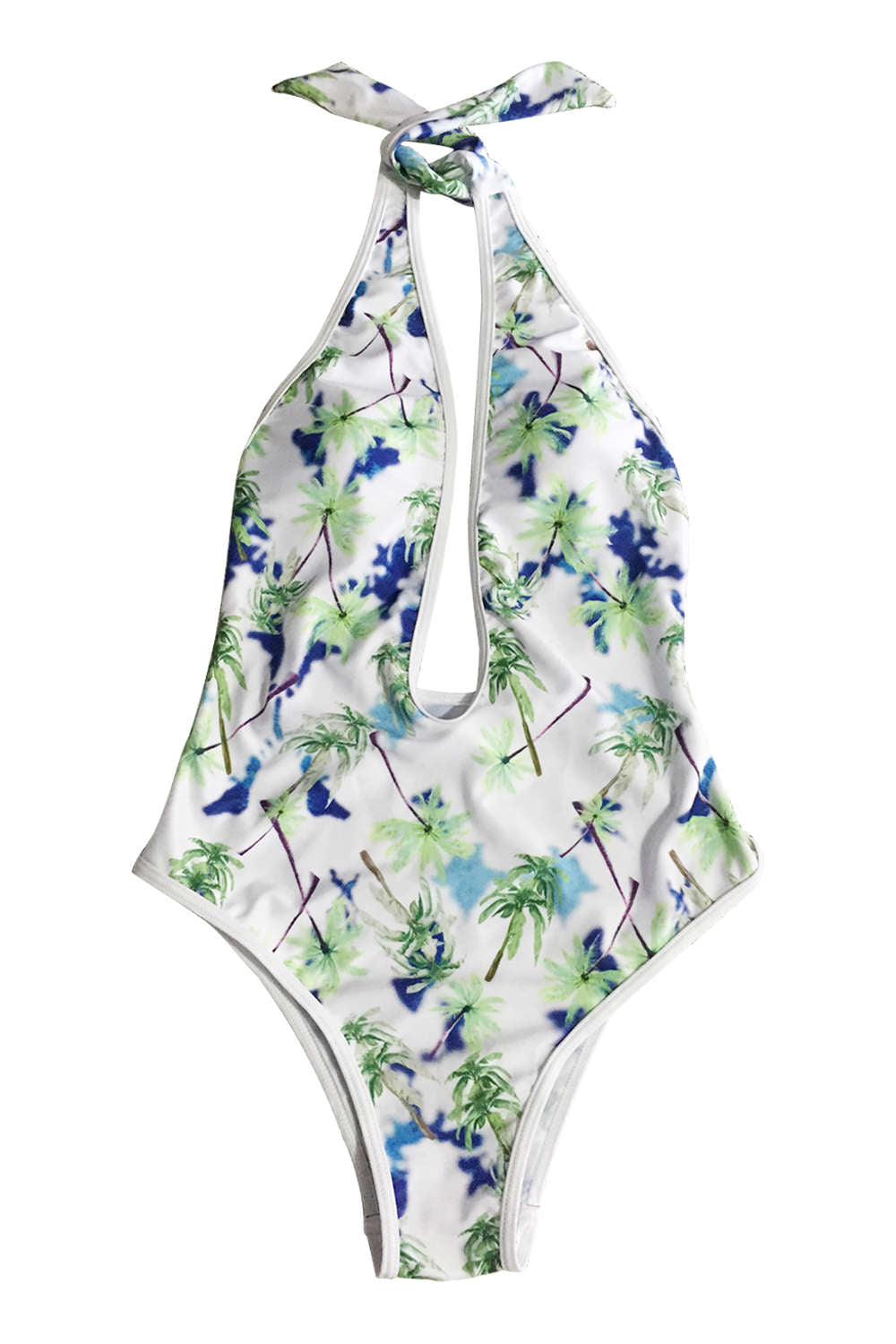 Iyasson Blue Floral Printing Deep V-necklline Halter One-piece Swimsuit
