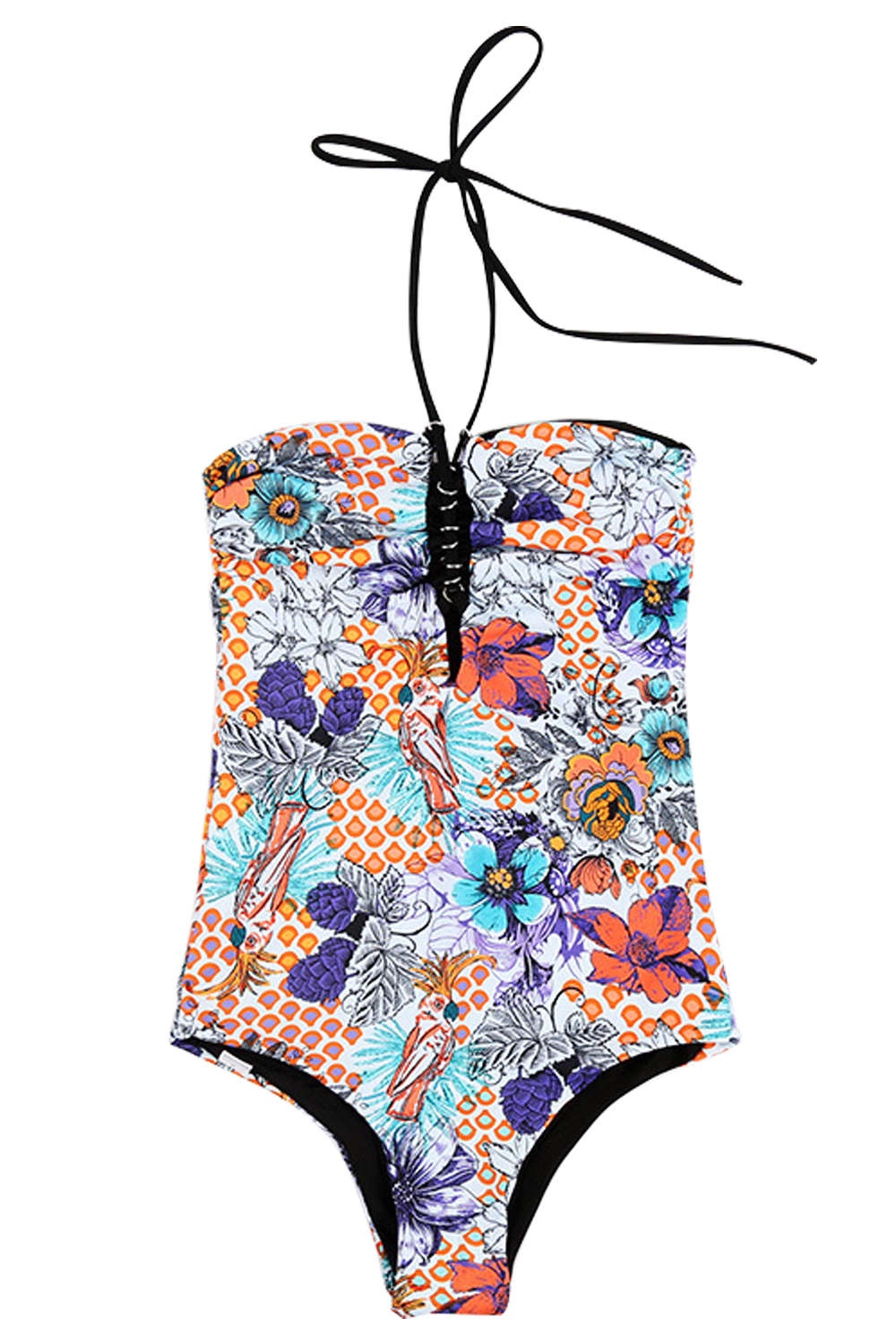Iyasson Purple Floral Printing With Criss-cross Ties One-piece Swimsuit