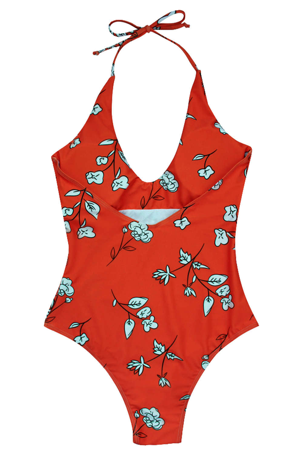 Iyasson Sweet Floral Printing Deep V-neck Halter One-piece Swimsuit