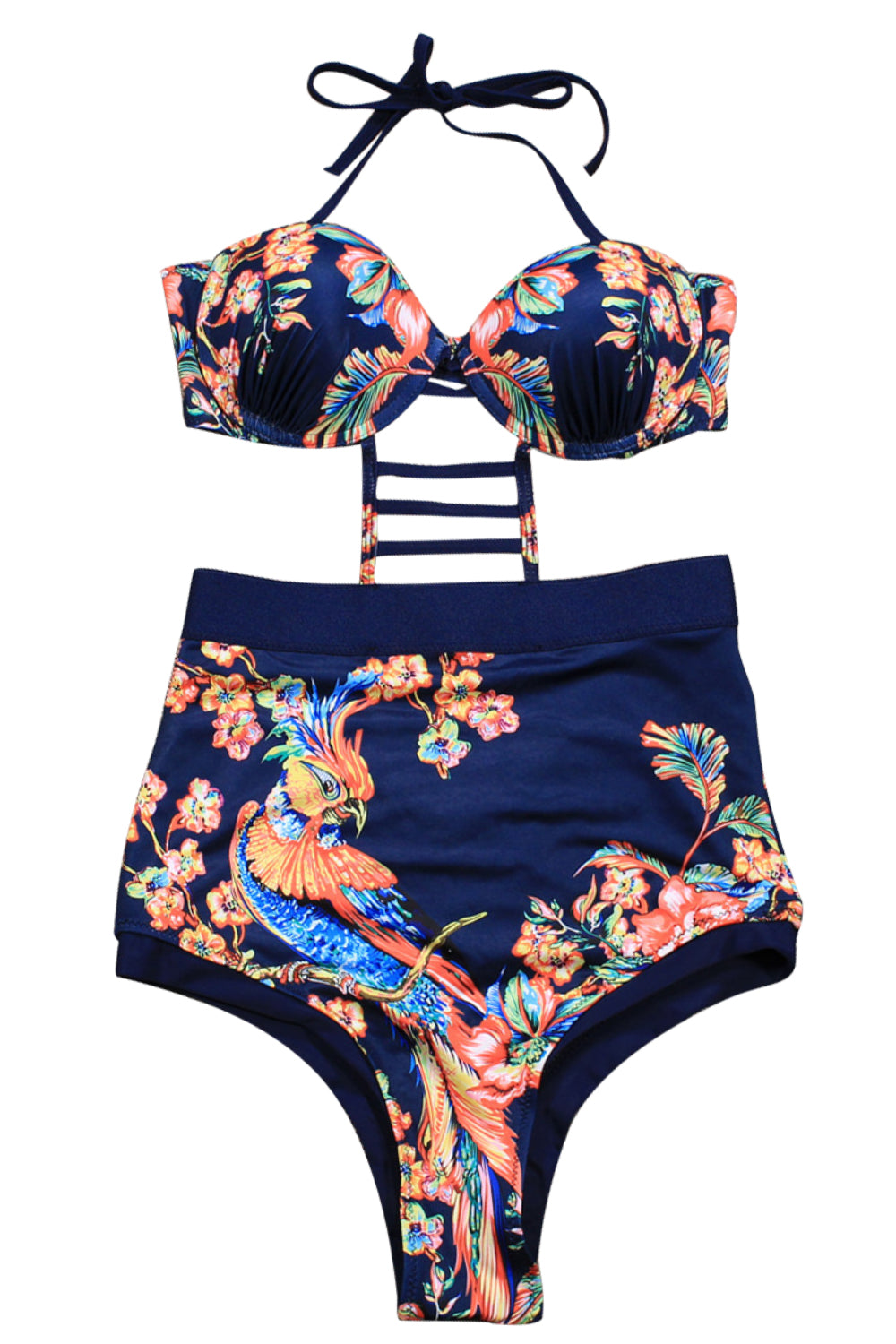 Iyasson Navy Blue Floral Print High-waisted One-piece Swimsuit
