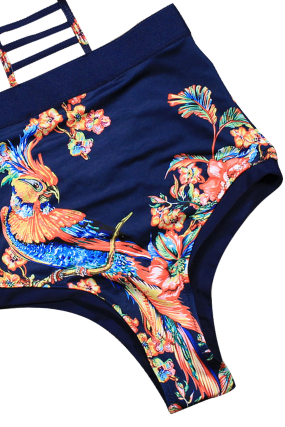 Iyasson Navy Blue Floral Print High-waisted One-piece Swimsuit