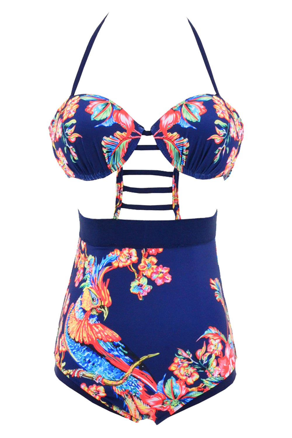 Iyasson Navy Blue Floral Print High-waisted One-piece Swimsuit
