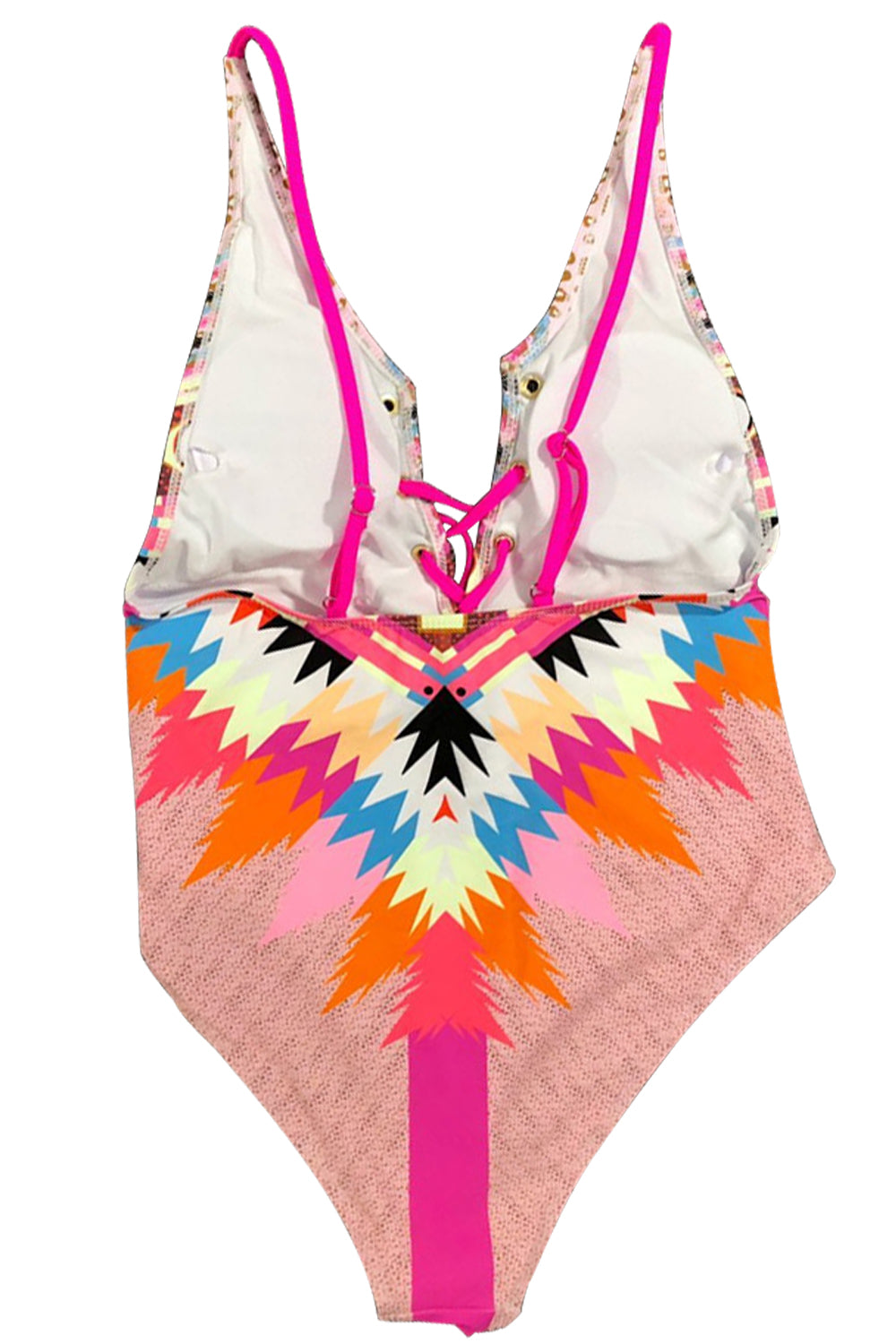 Iyasson Neon Pink Bohemia Print Deep V-neck One-Piece Swimsuit