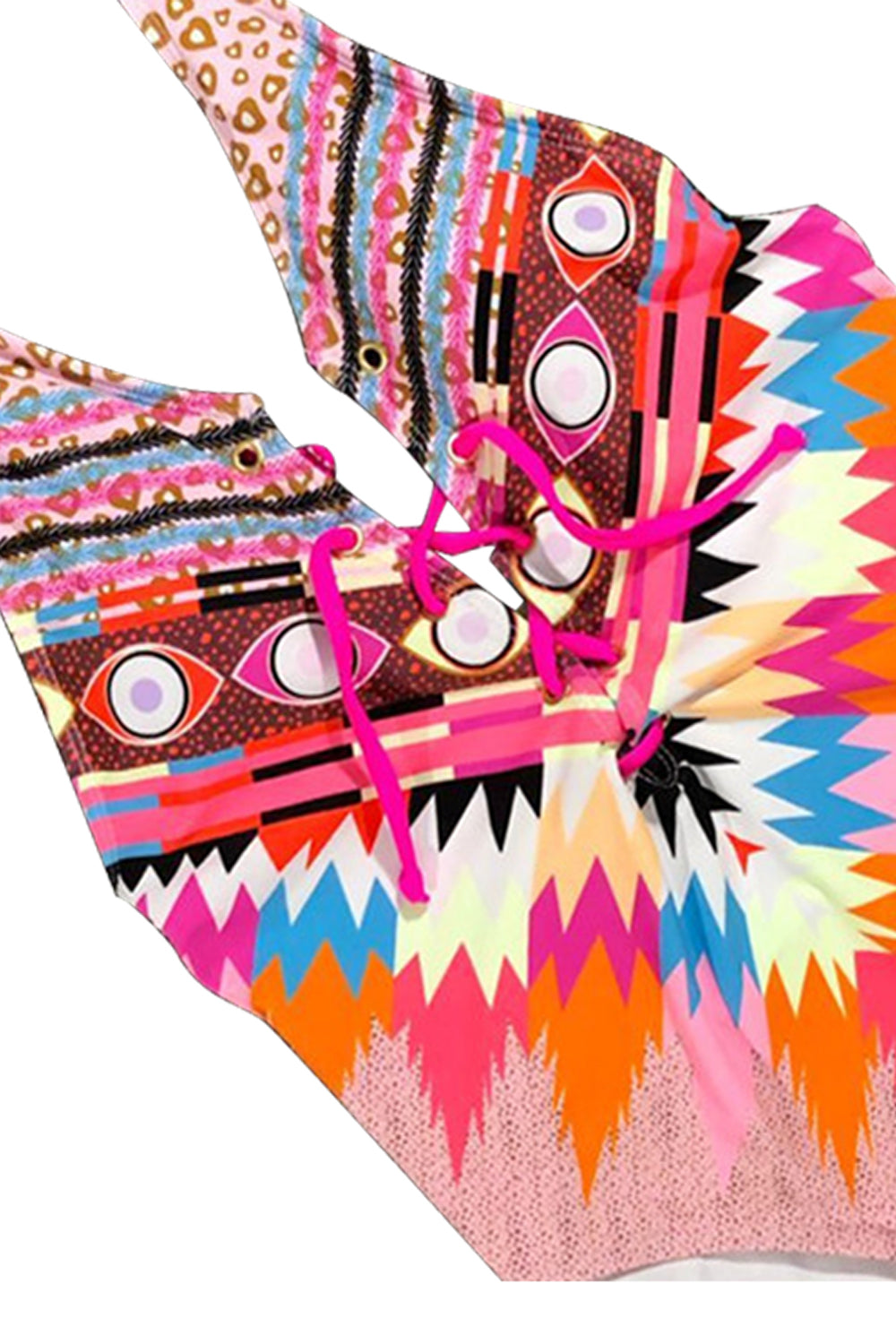 Iyasson Neon Pink Bohemia Print Deep V-neck One-Piece Swimsuit