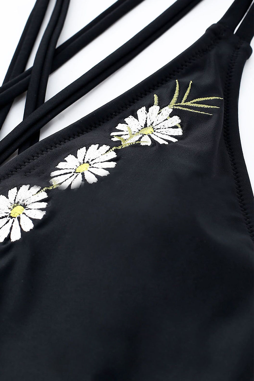 Iyasson White Daisy Embroidery With Deep V-neck One-piece Swimsuit