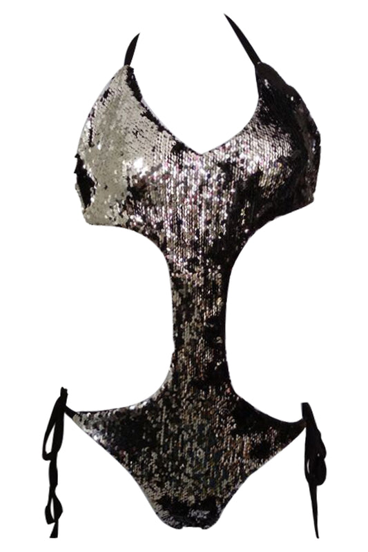 Iyasson Sex Dazzling Sequins Side Hollow Design Halter One-piece Swimsuit