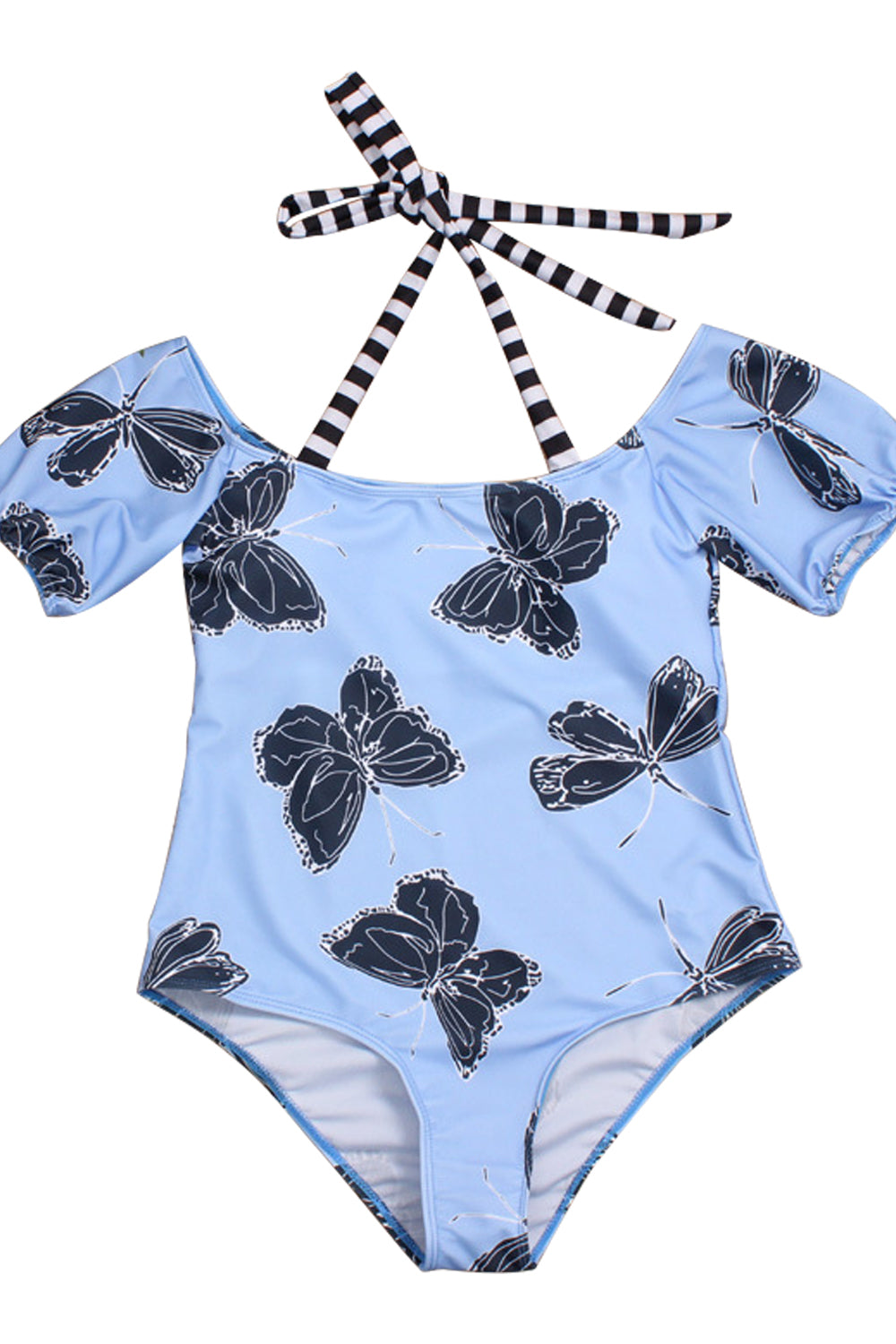 Iyasson Blue Floral Printing Off-shoulder Halter One-piece Swimsuit Plus Size