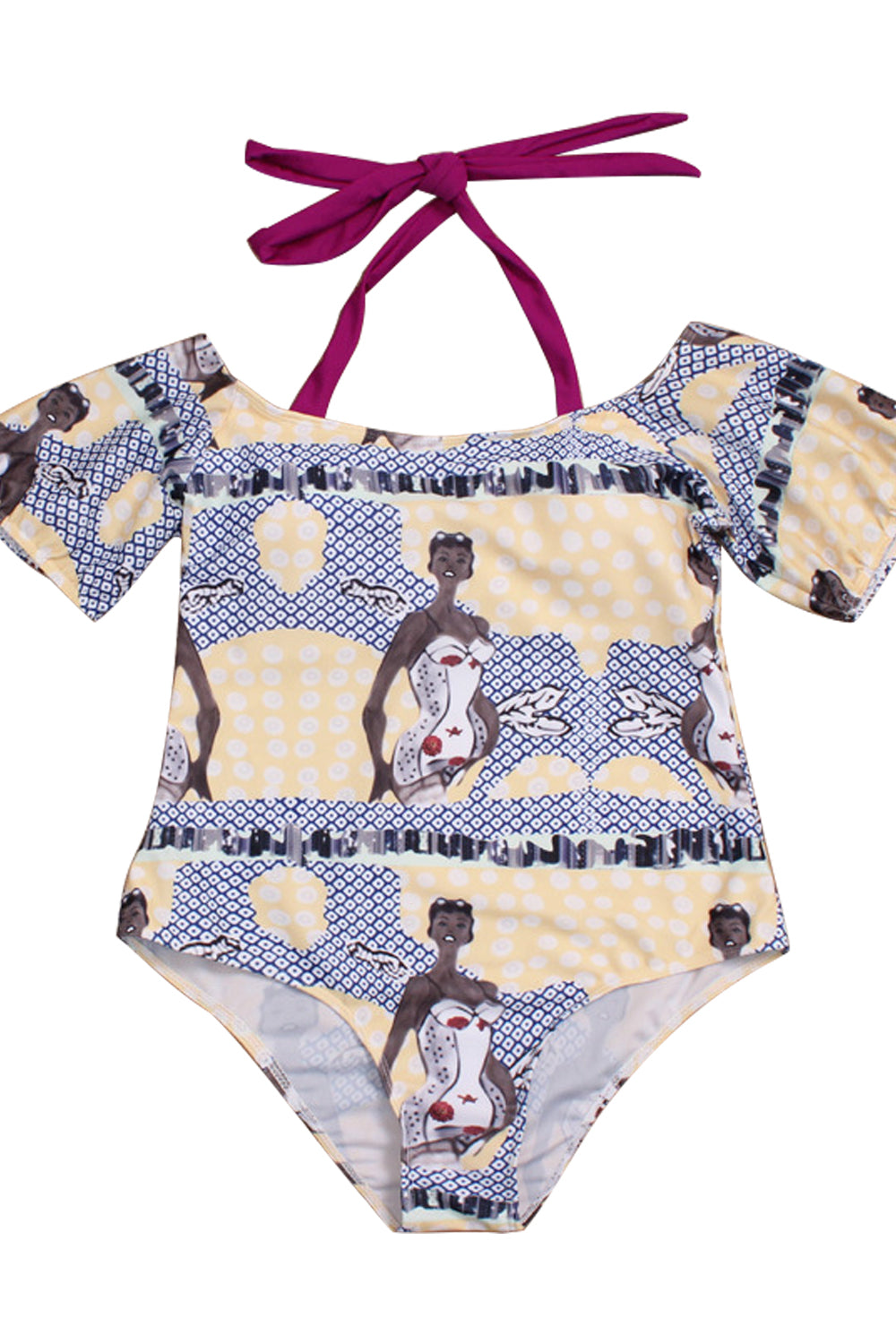 Iyasson Portrait Pattern Off-shoulder Halter One-piece Swimsuit Plus Size