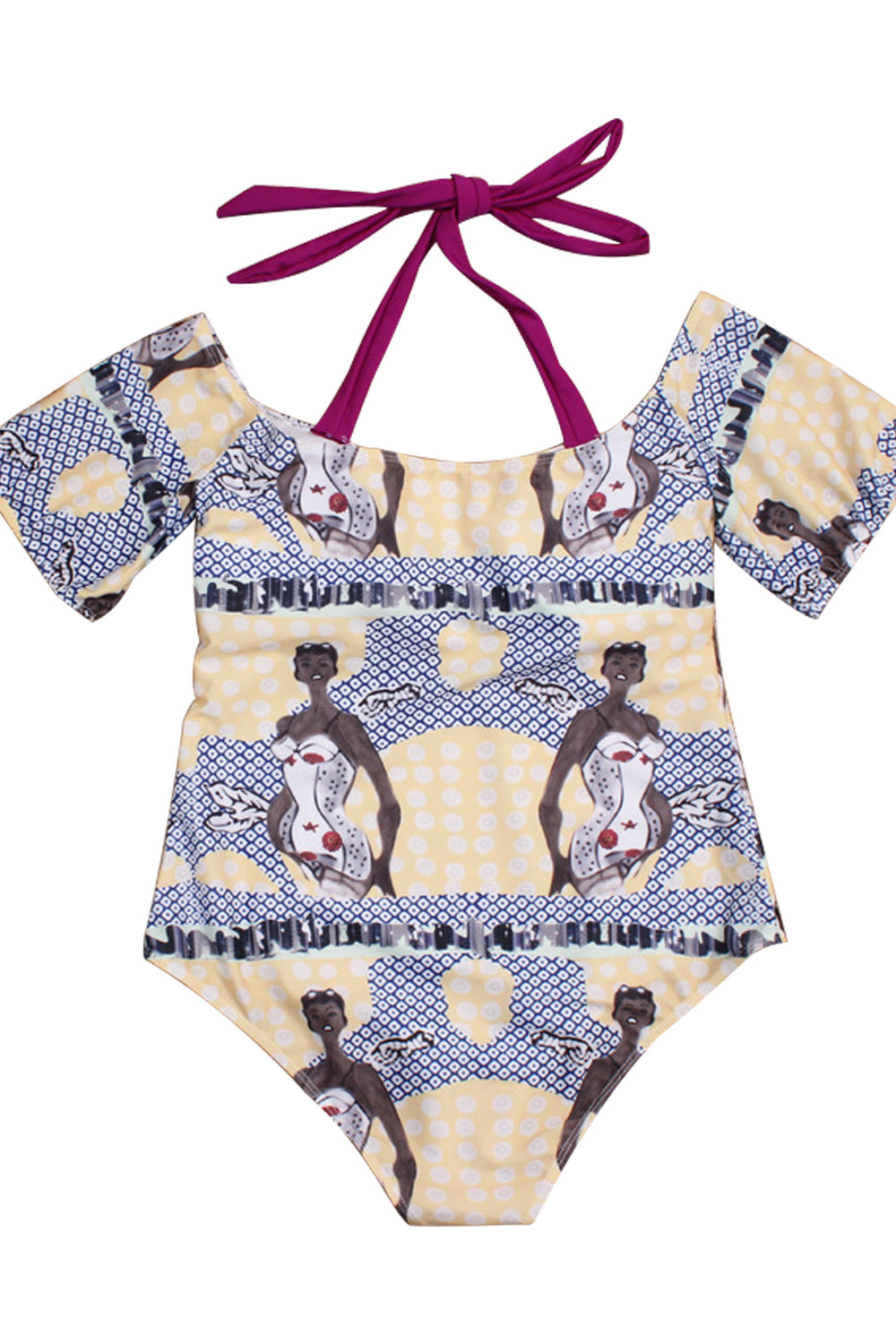 Iyasson Portrait Pattern Off-shoulder Halter One-piece Swimsuit Plus Size