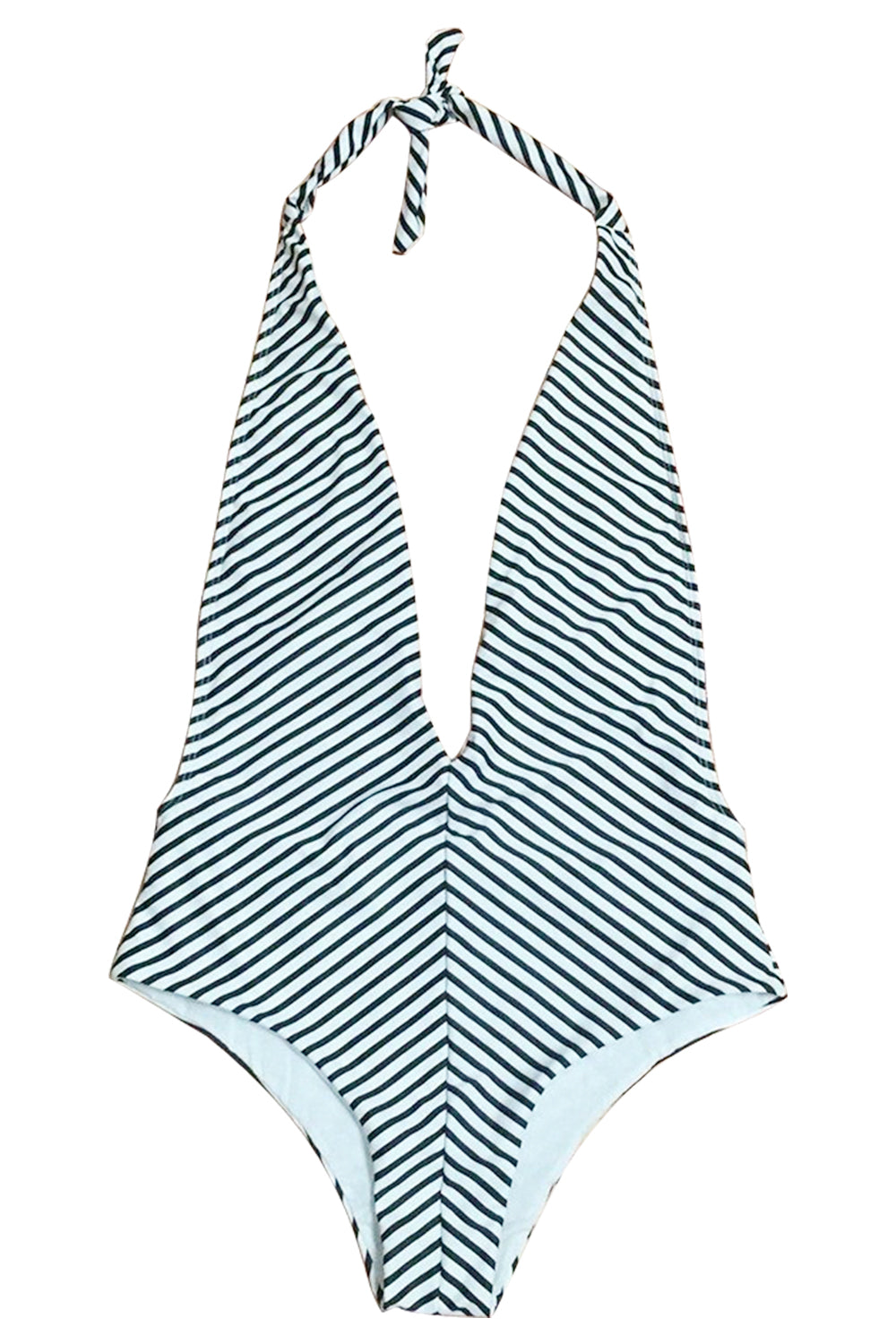 Iyasson Stripe Splicing Printing Deep V-neck Halter One-piece Swimsuit