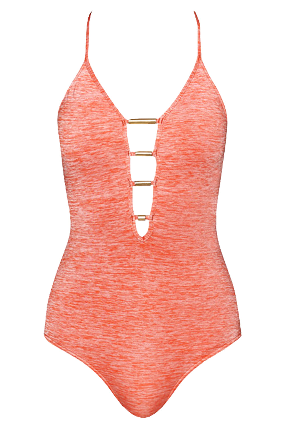 Iyasson Pink Deep V-neckline With Golden Tubes at Center Front One-piece swimsuit