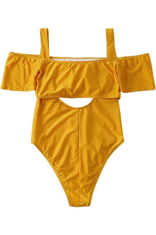 Iyasson Yellow Off-shoulder Hollow Out One-piece Swimsuit