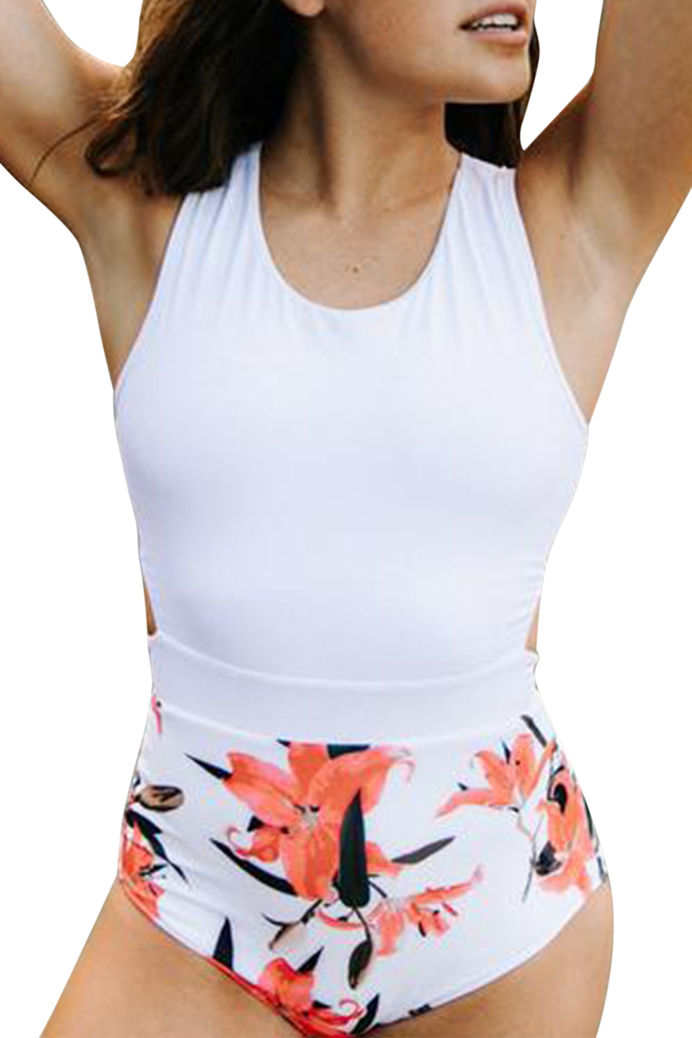 Iyasson Orange Floral Splicing Printing One-piece Swimsuit