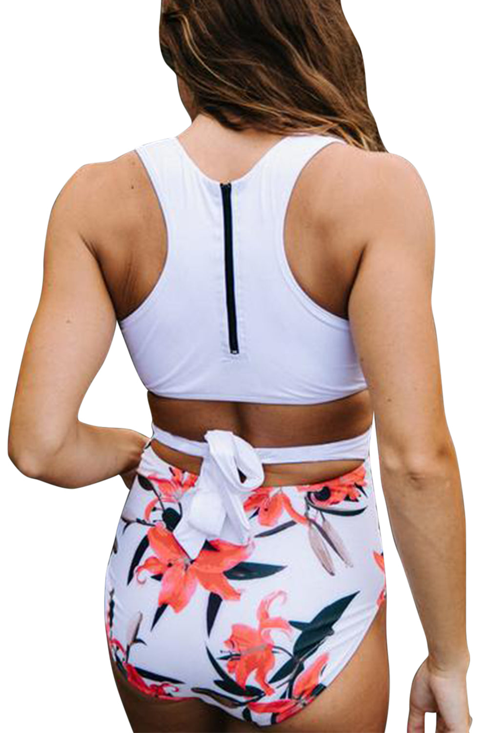 Iyasson Orange Floral Splicing Printing One-piece Swimsuit